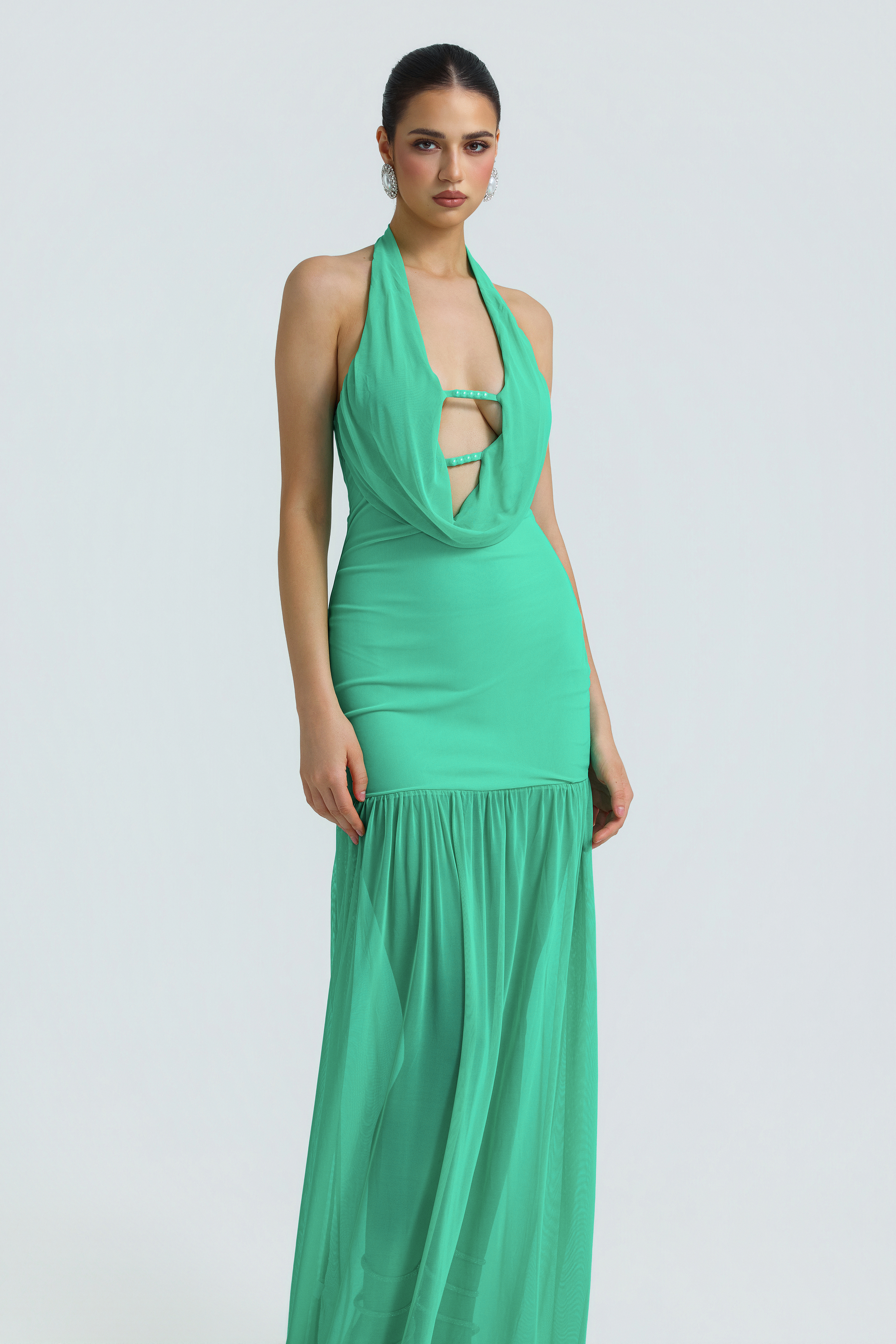 Mesh Swing Collar Backeless Maxi Dress