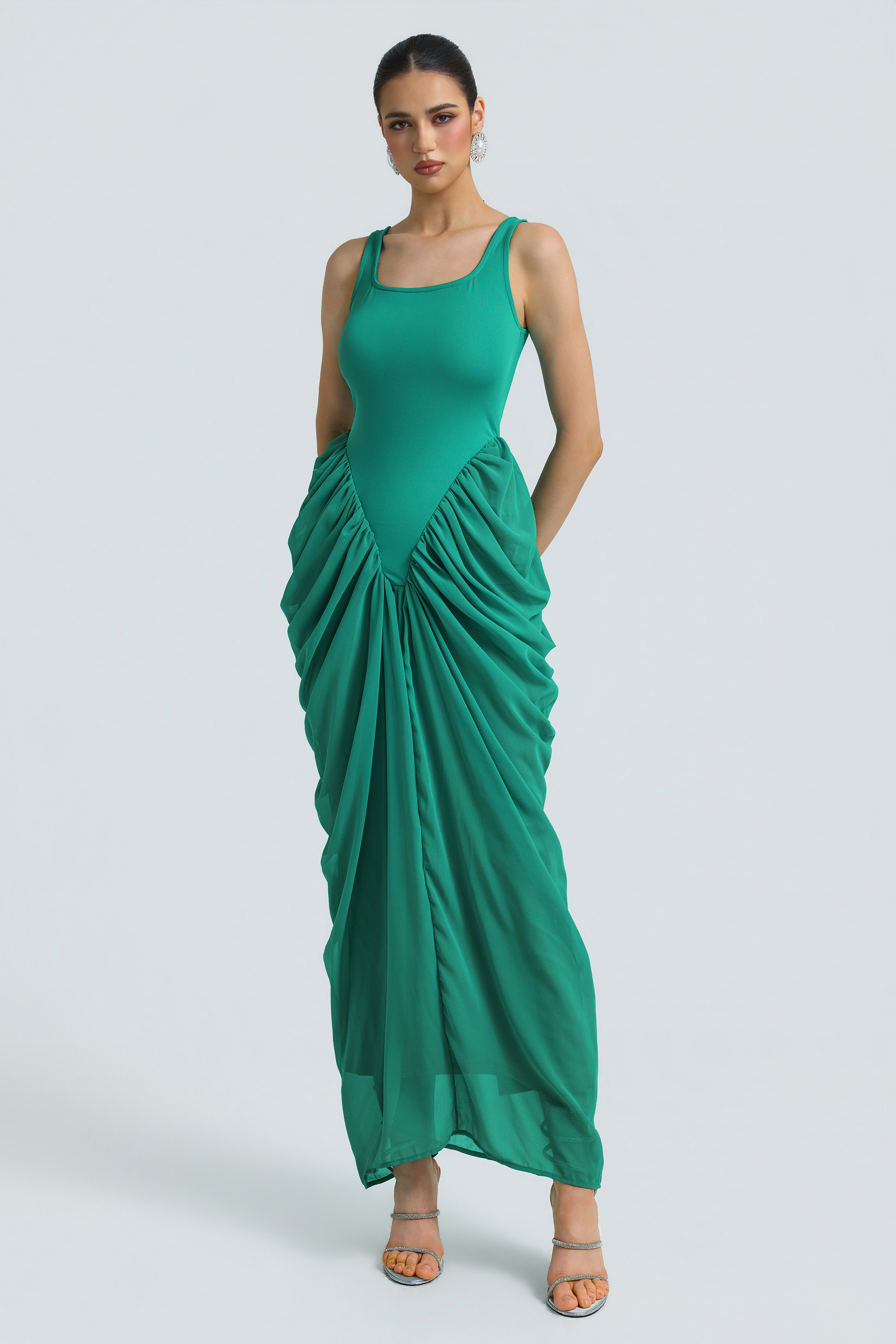 Jersey Splicing Chiffion Ruched Maxi Dress