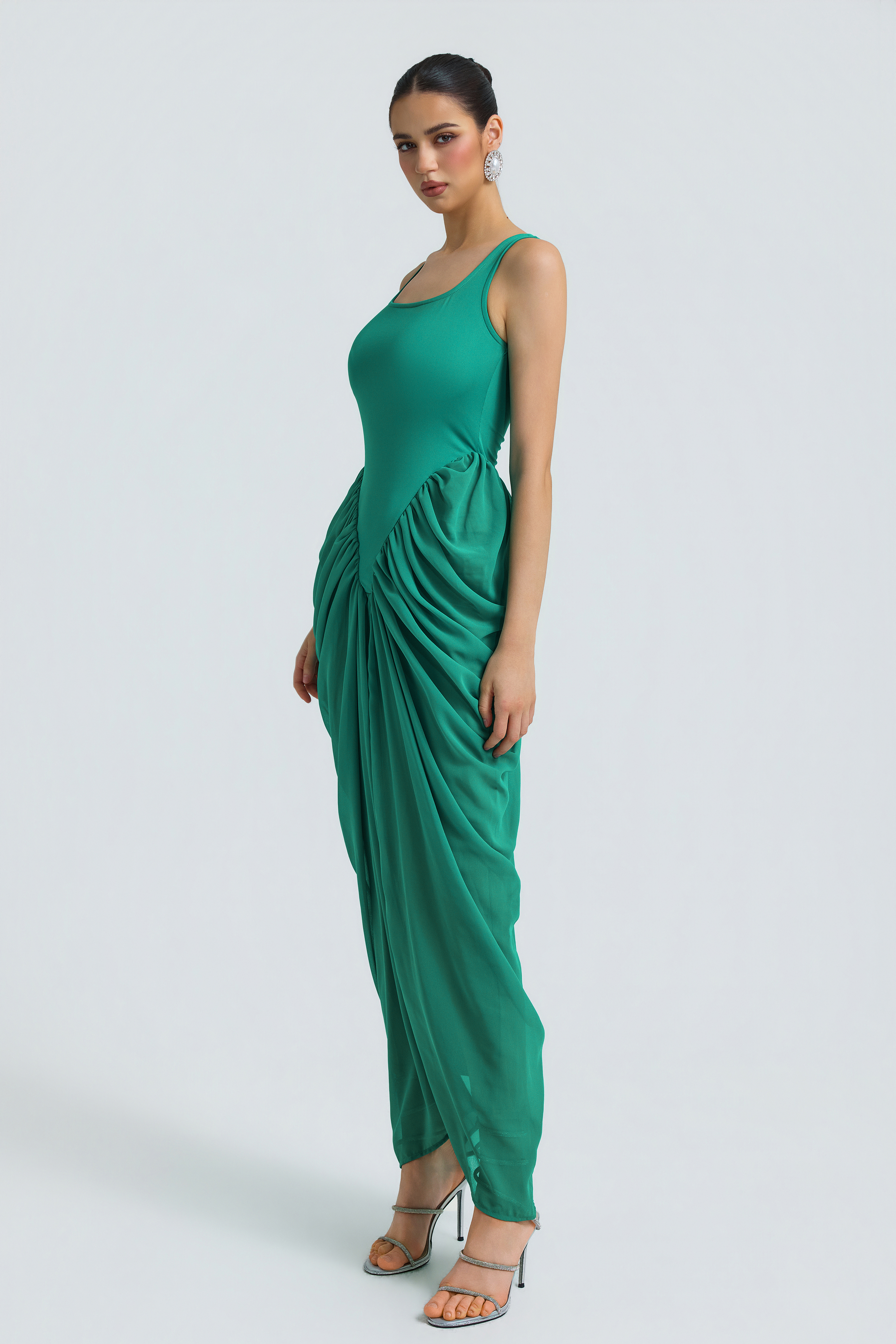 Jersey Splicing Chiffion Ruched Maxi Dress