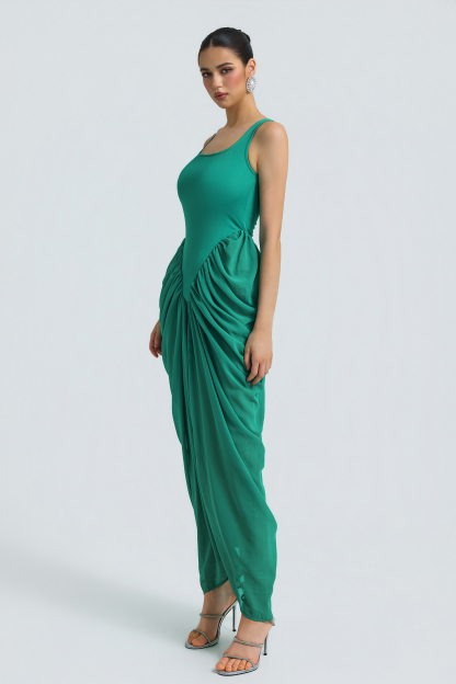 Jersey Splicing Chiffion Ruched Maxi Dress
