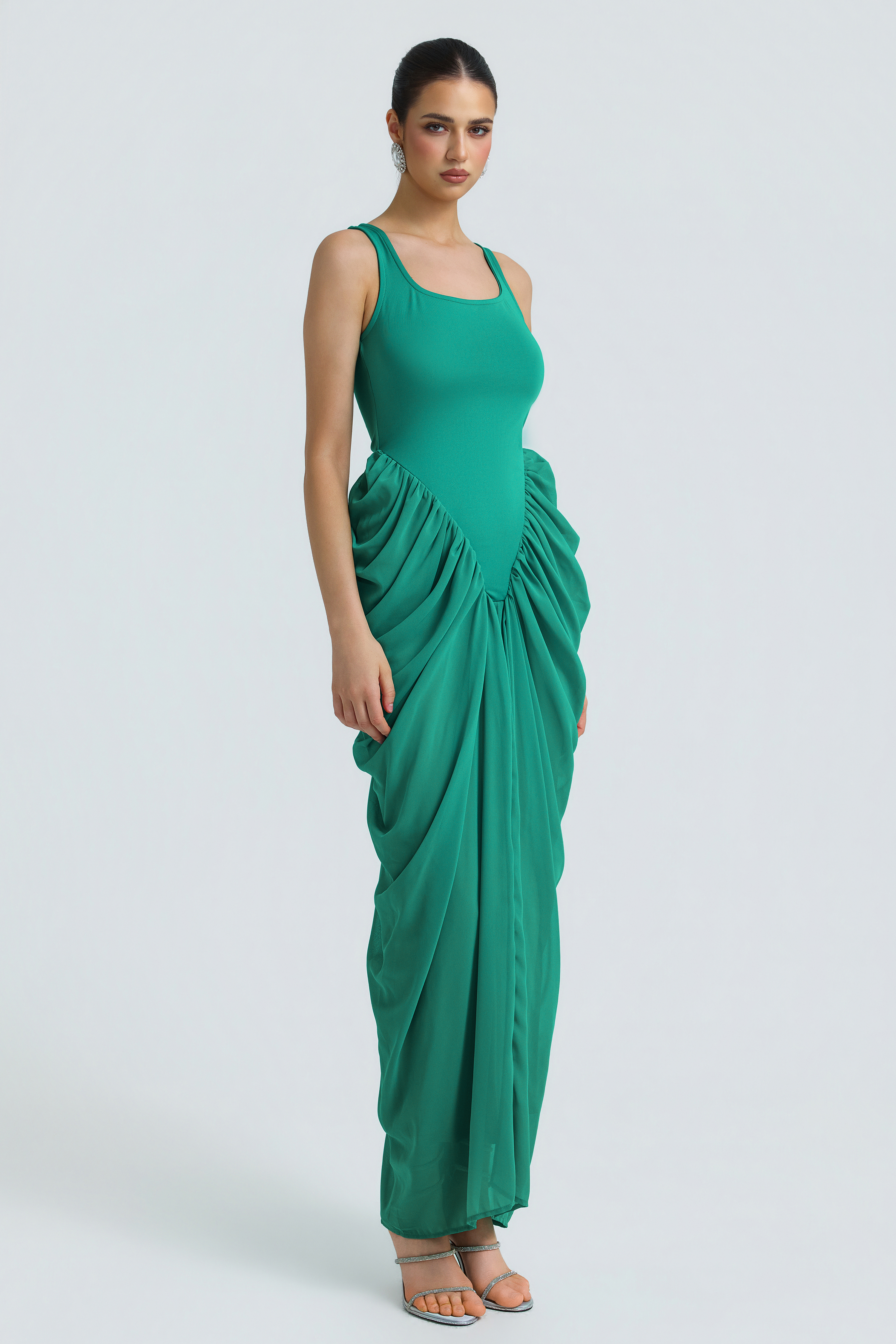 Jersey Splicing Chiffion Ruched Maxi Dress