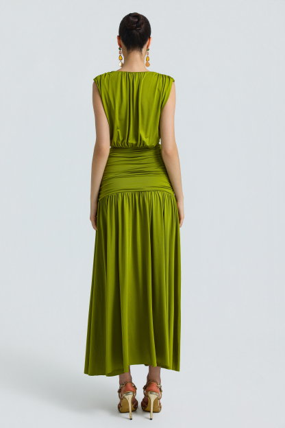 Jersey V-Neck Gathering Maxi Dress