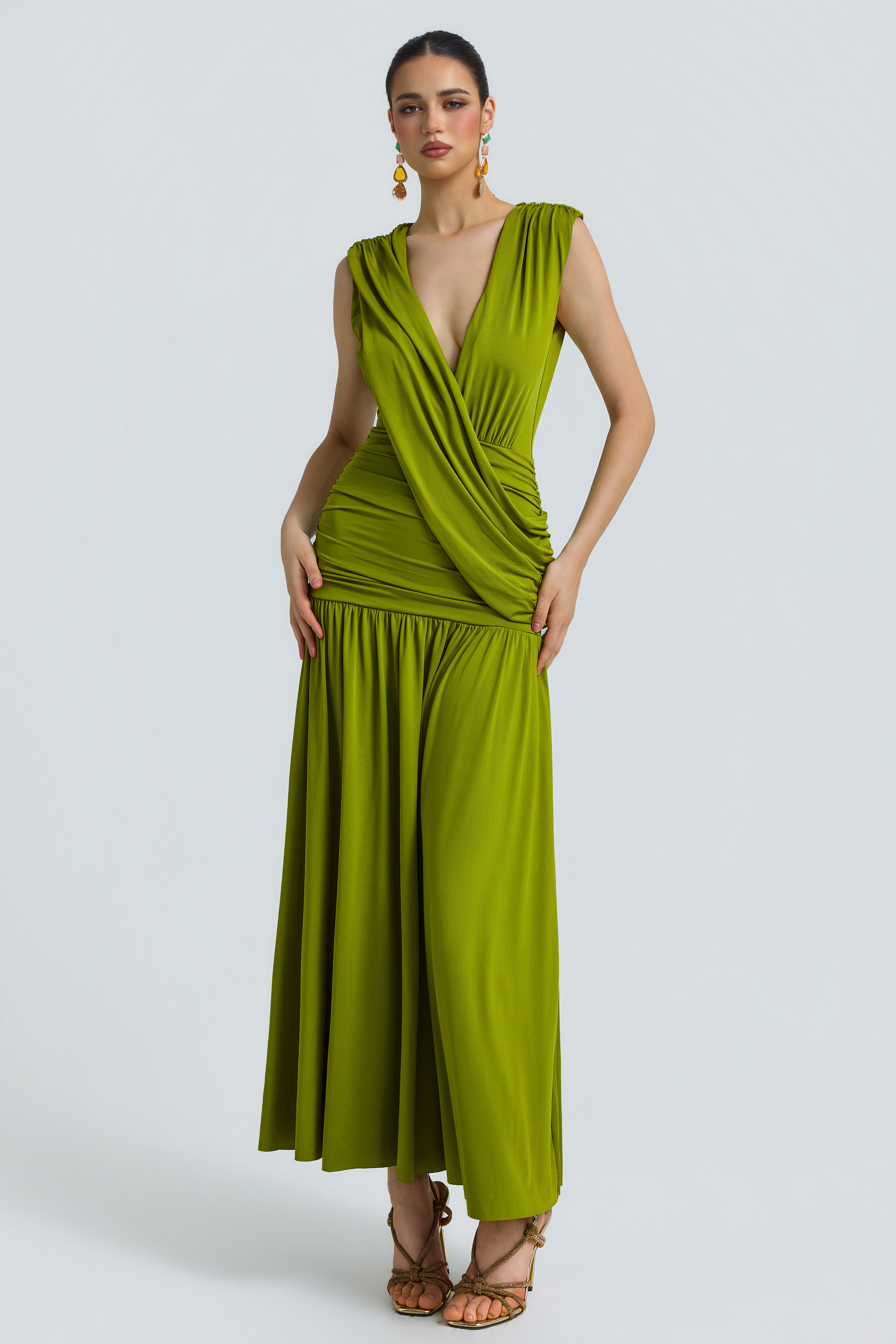 Jersey V-Neck Gathering Maxi Dress