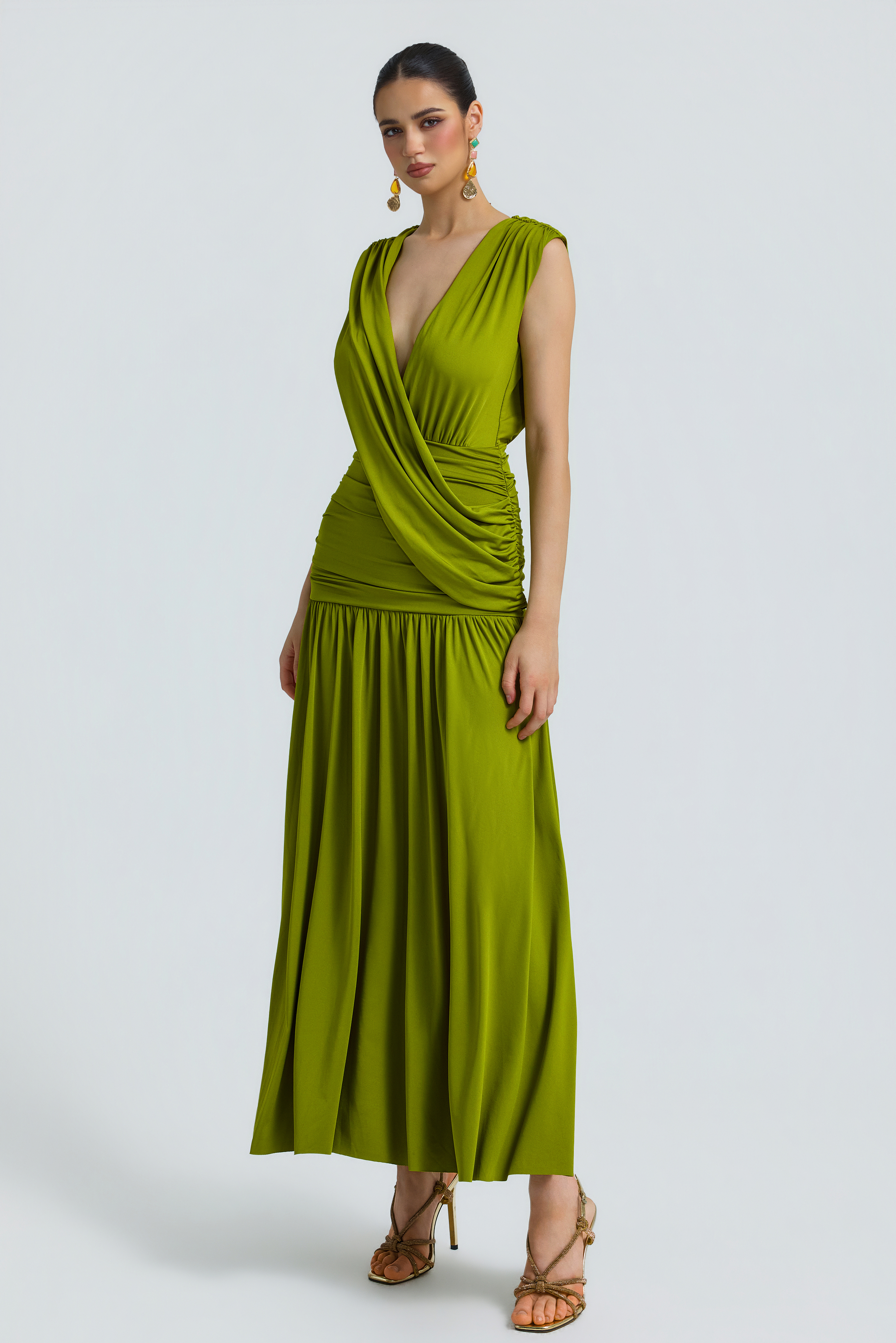 Jersey V-Neck Gathering Maxi Dress
