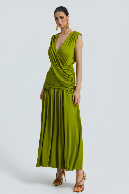 Jersey V-Neck Gathering Maxi Dress