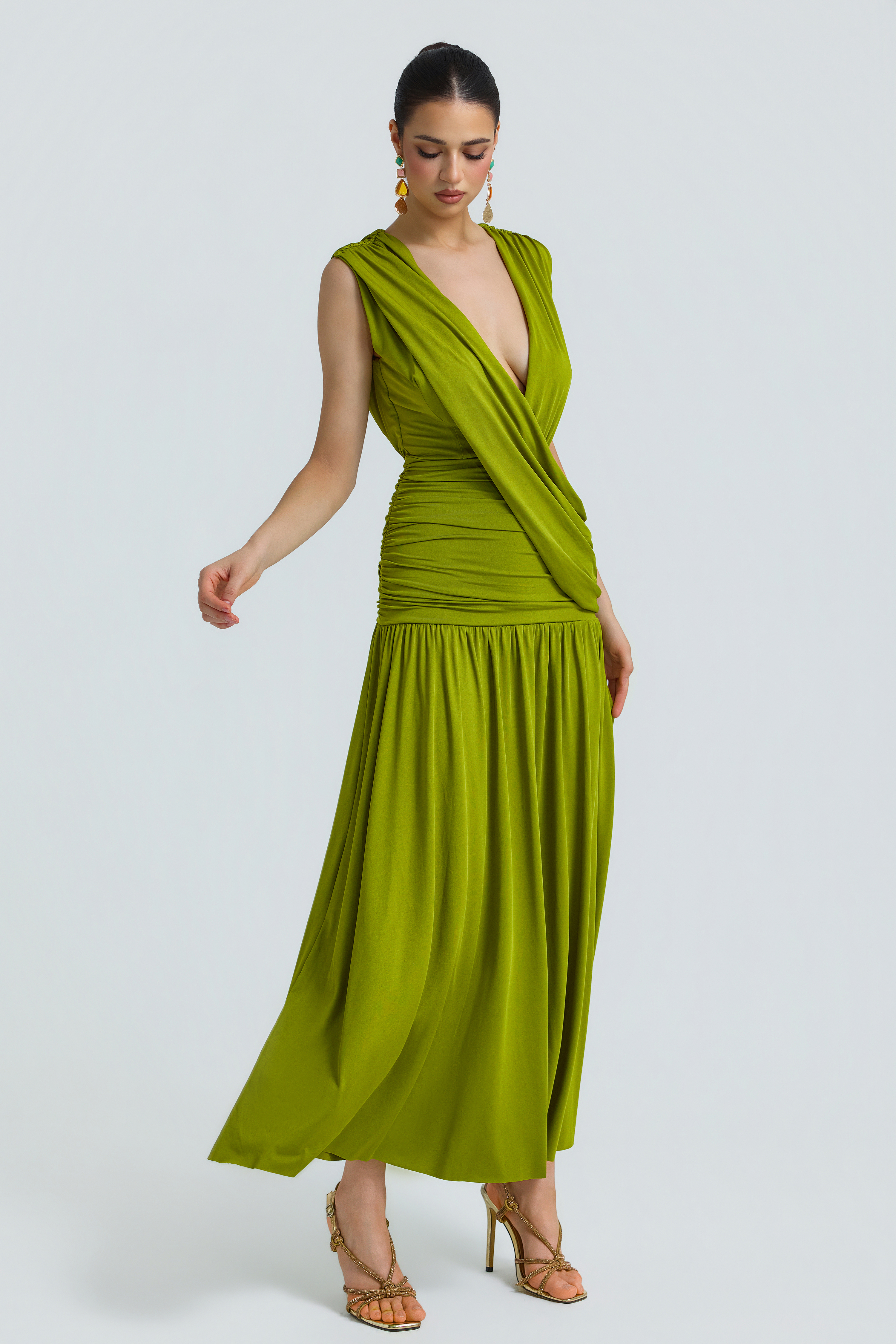 Jersey V-Neck Gathering Maxi Dress