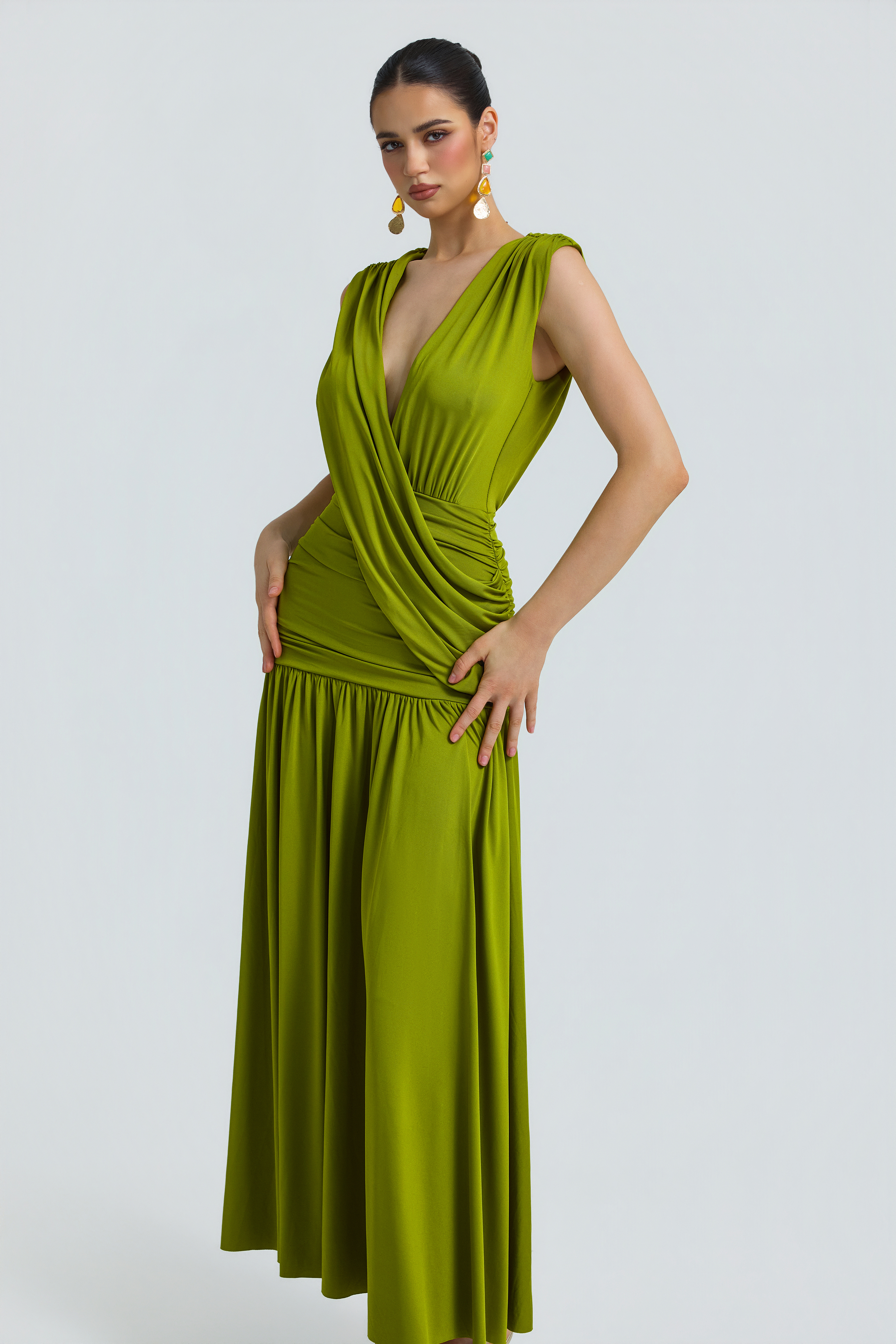 Jersey V-Neck Gathering Maxi Dress