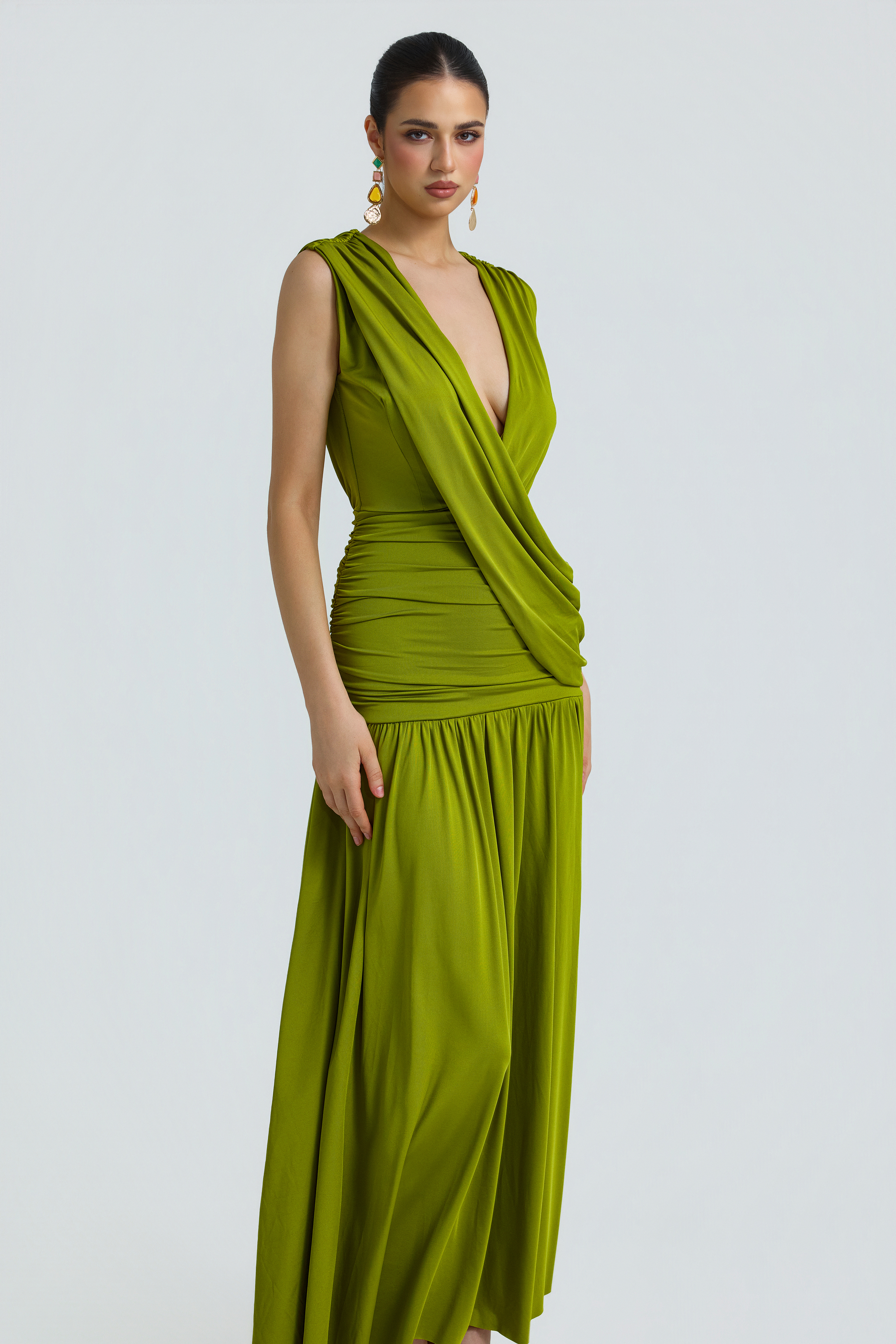 Jersey V-Neck Gathering Maxi Dress
