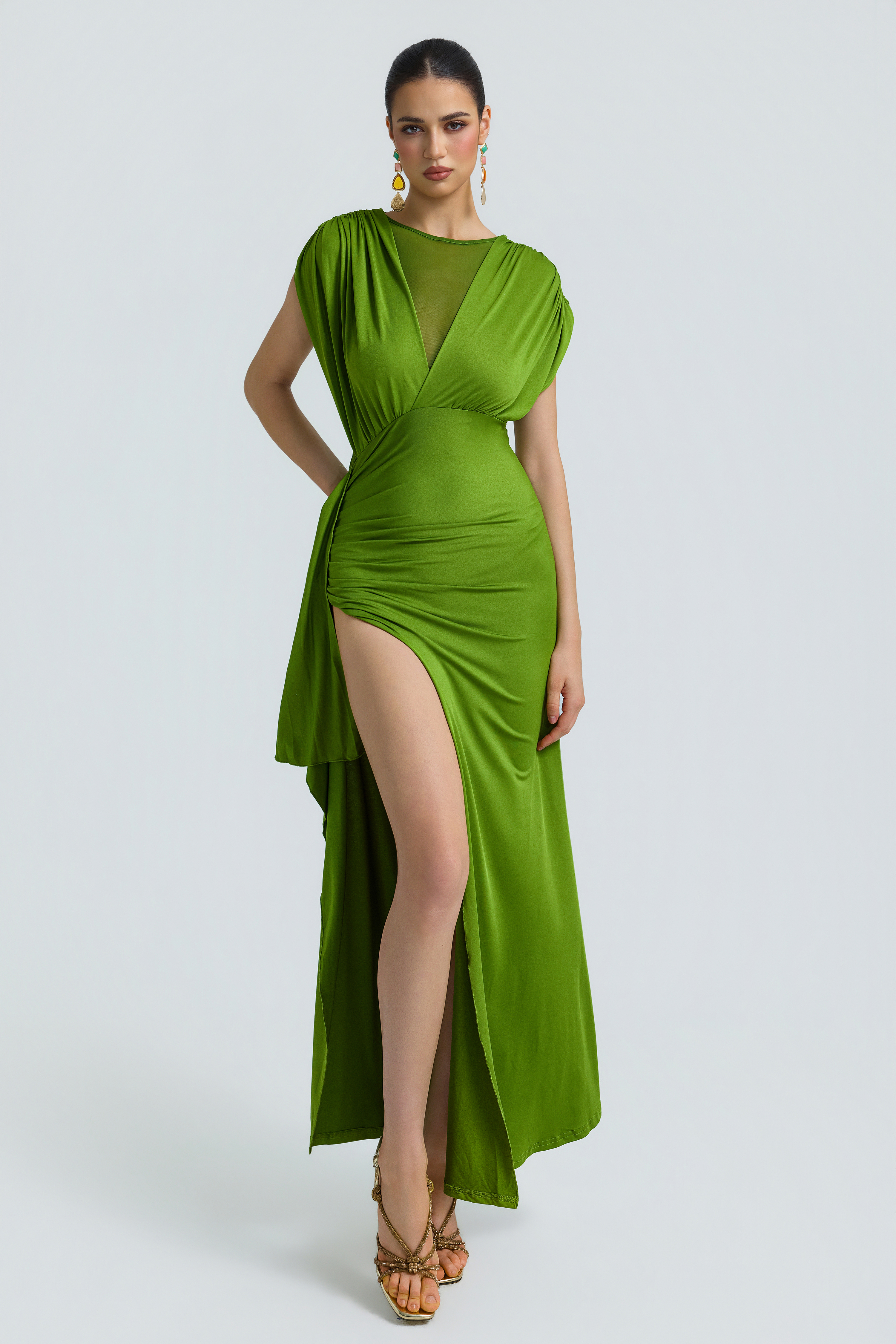 Jersey Splicing Mesh Slit Maxi Dress