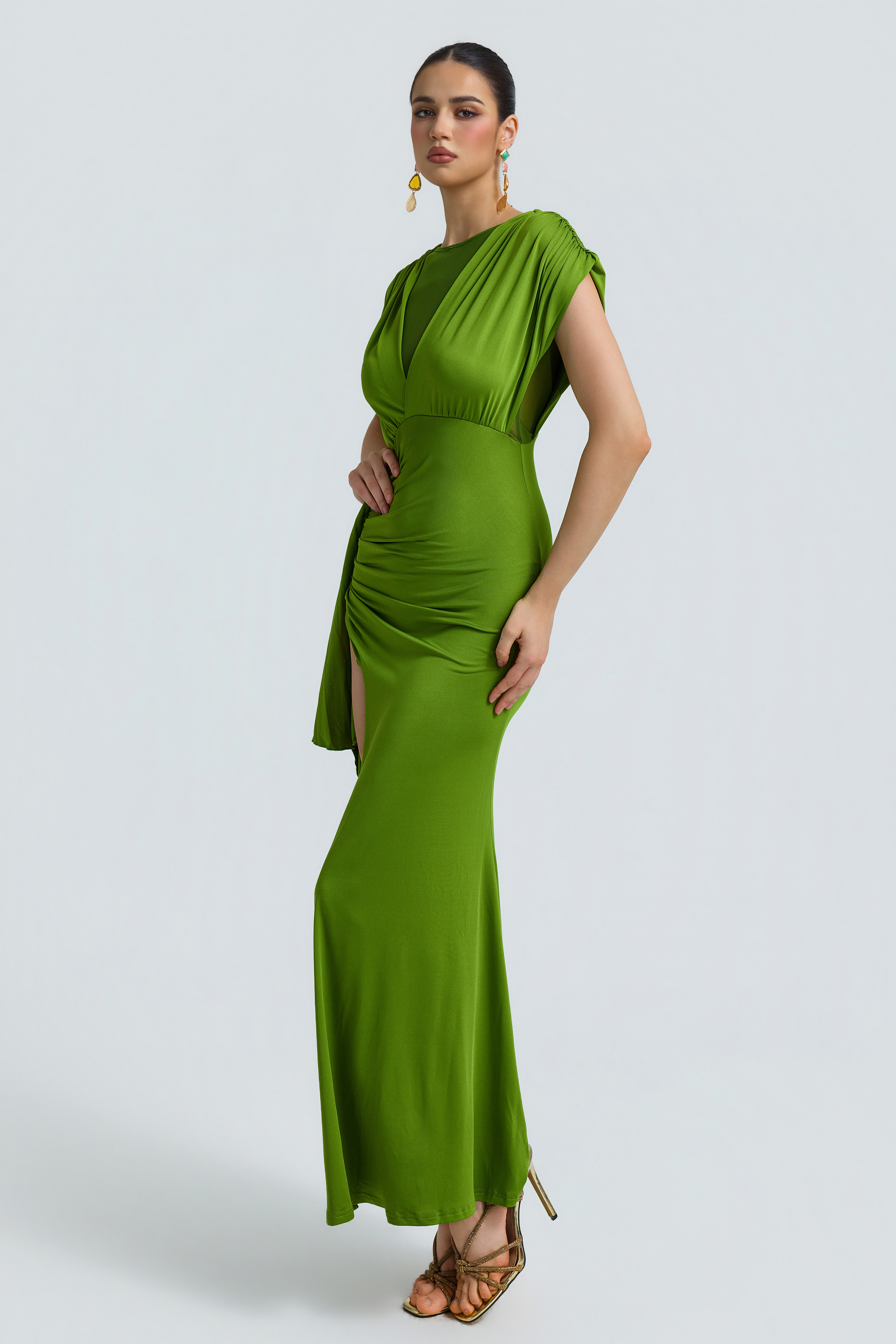 Jersey Splicing Mesh Slit Maxi Dress