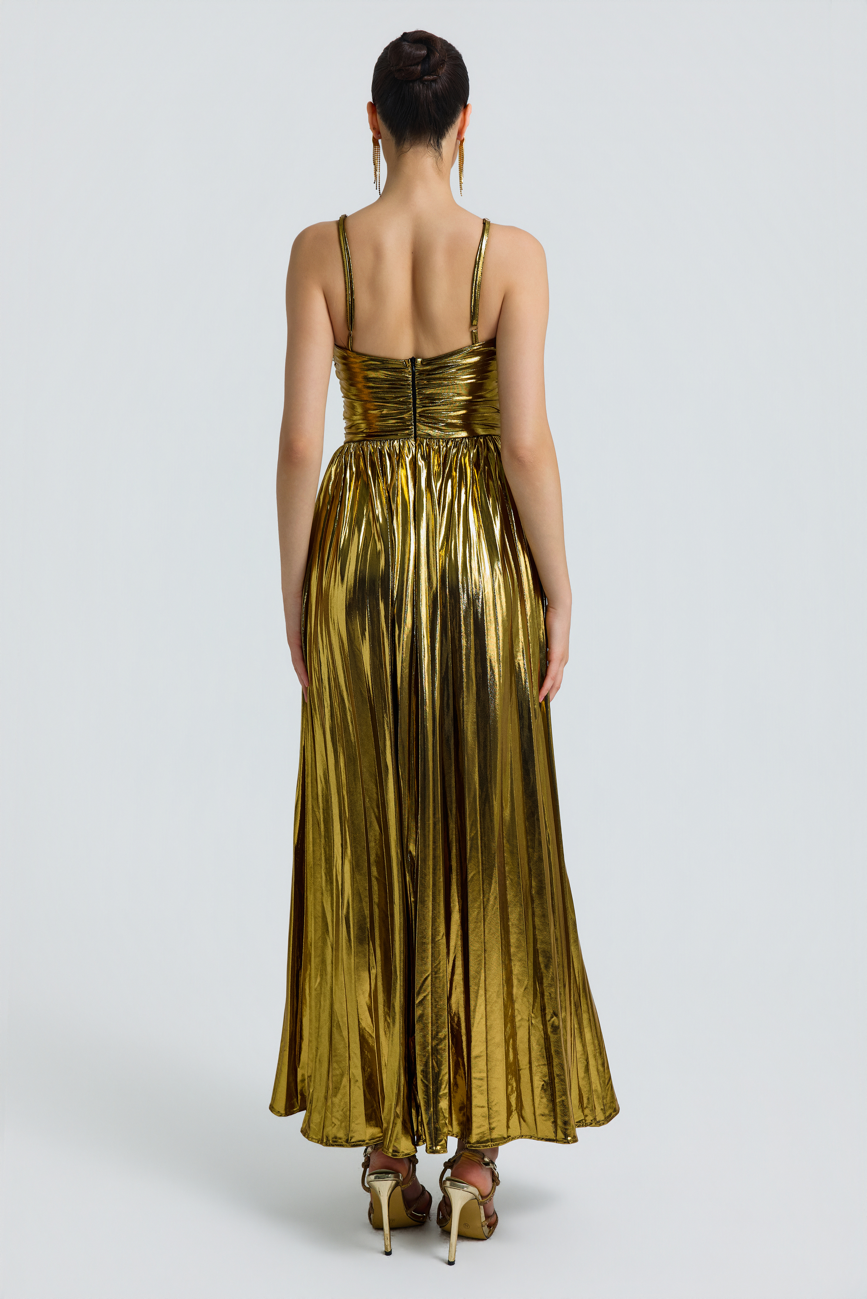 Metallic Fabric Pleated Slit Maxi Dress