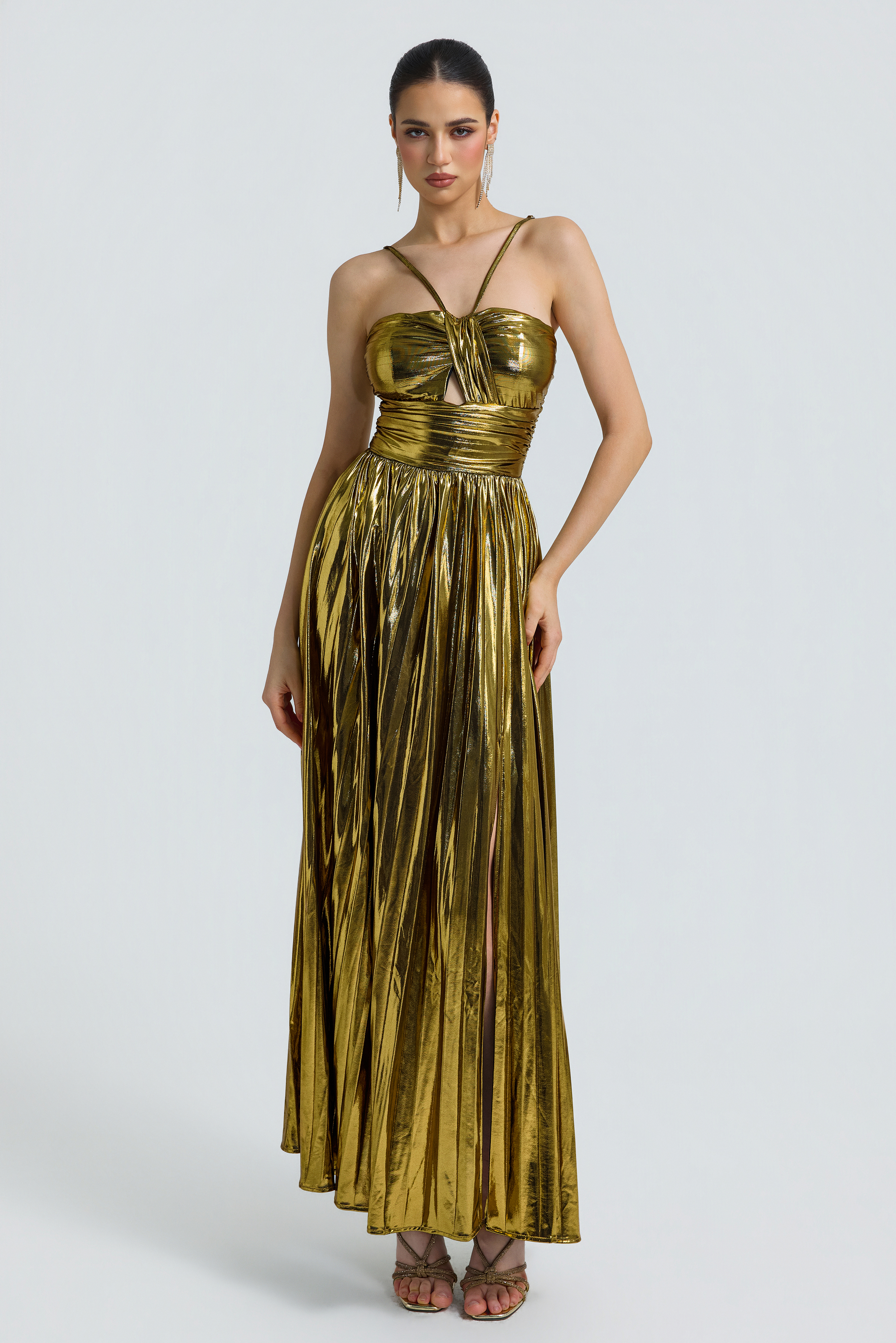 Metallic Fabric Pleated Slit Maxi Dress