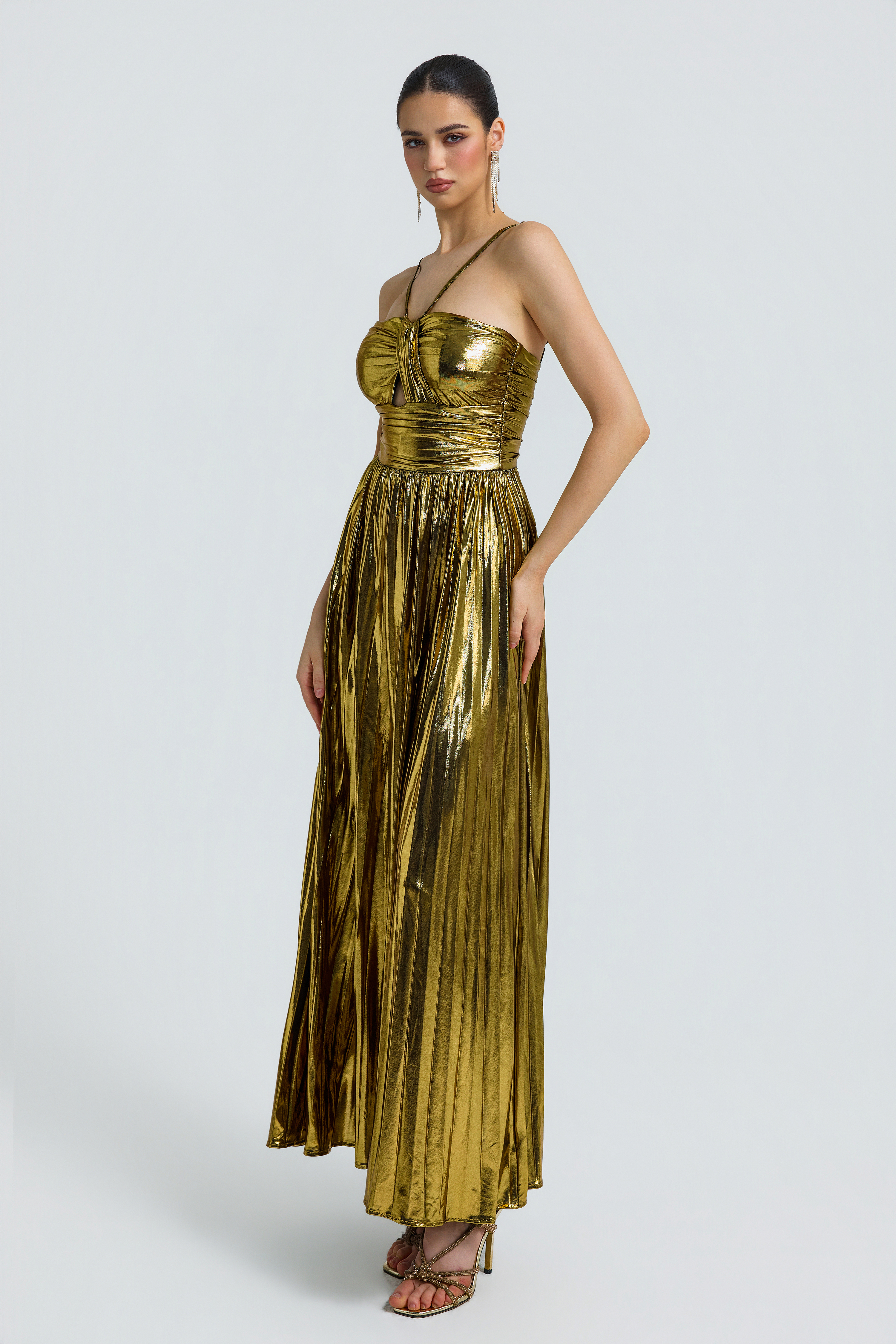 Metallic Fabric Pleated Slit Maxi Dress