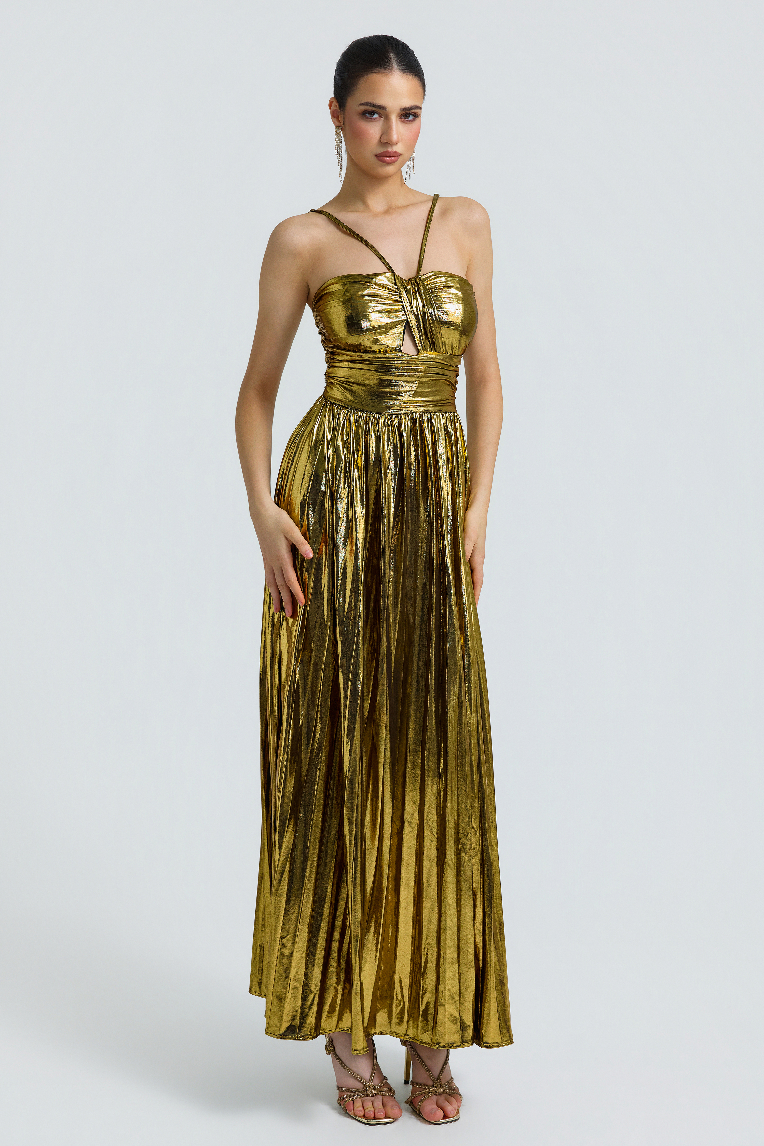Metallic Fabric Pleated Slit Maxi Dress