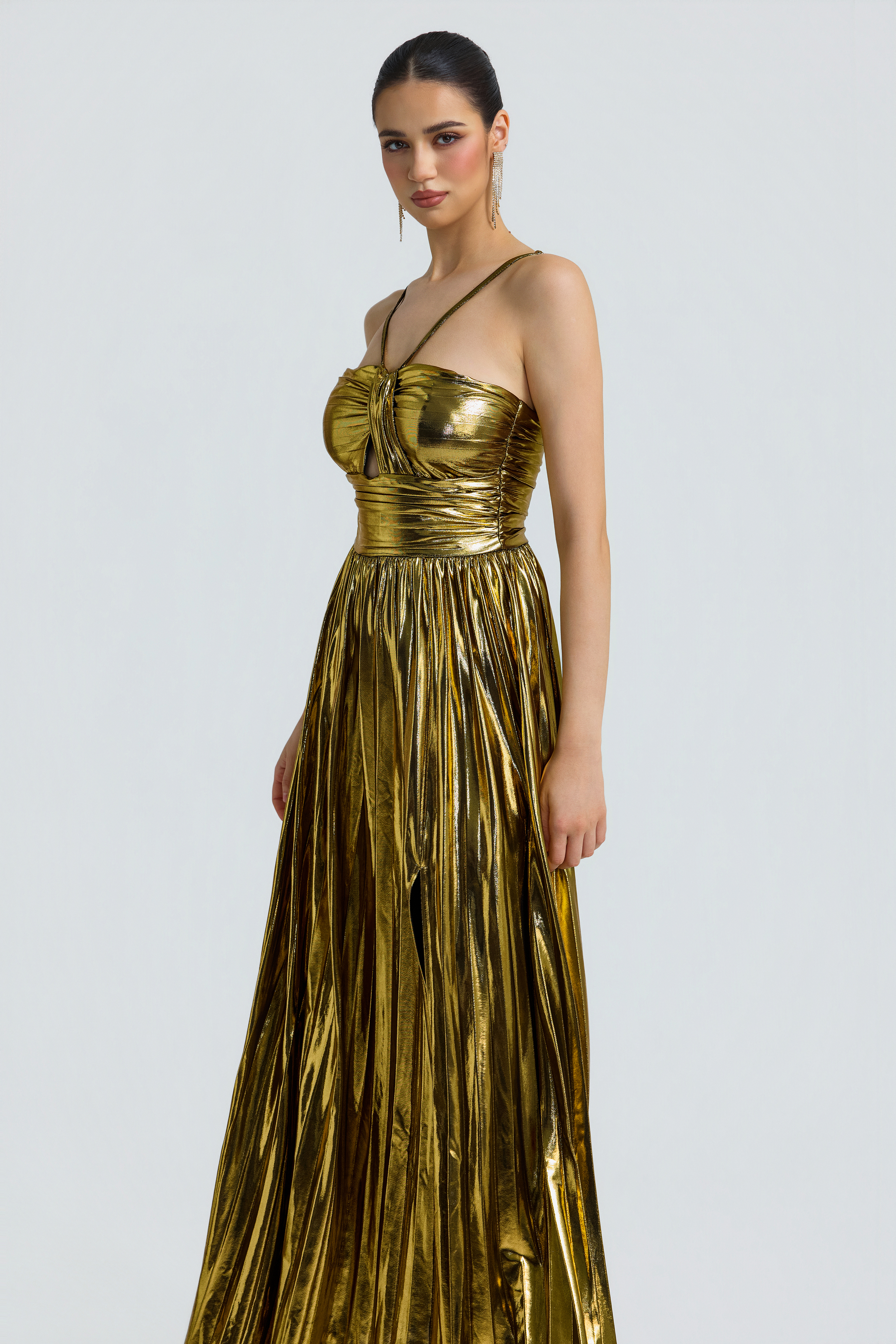 Metallic Fabric Pleated Slit Maxi Dress