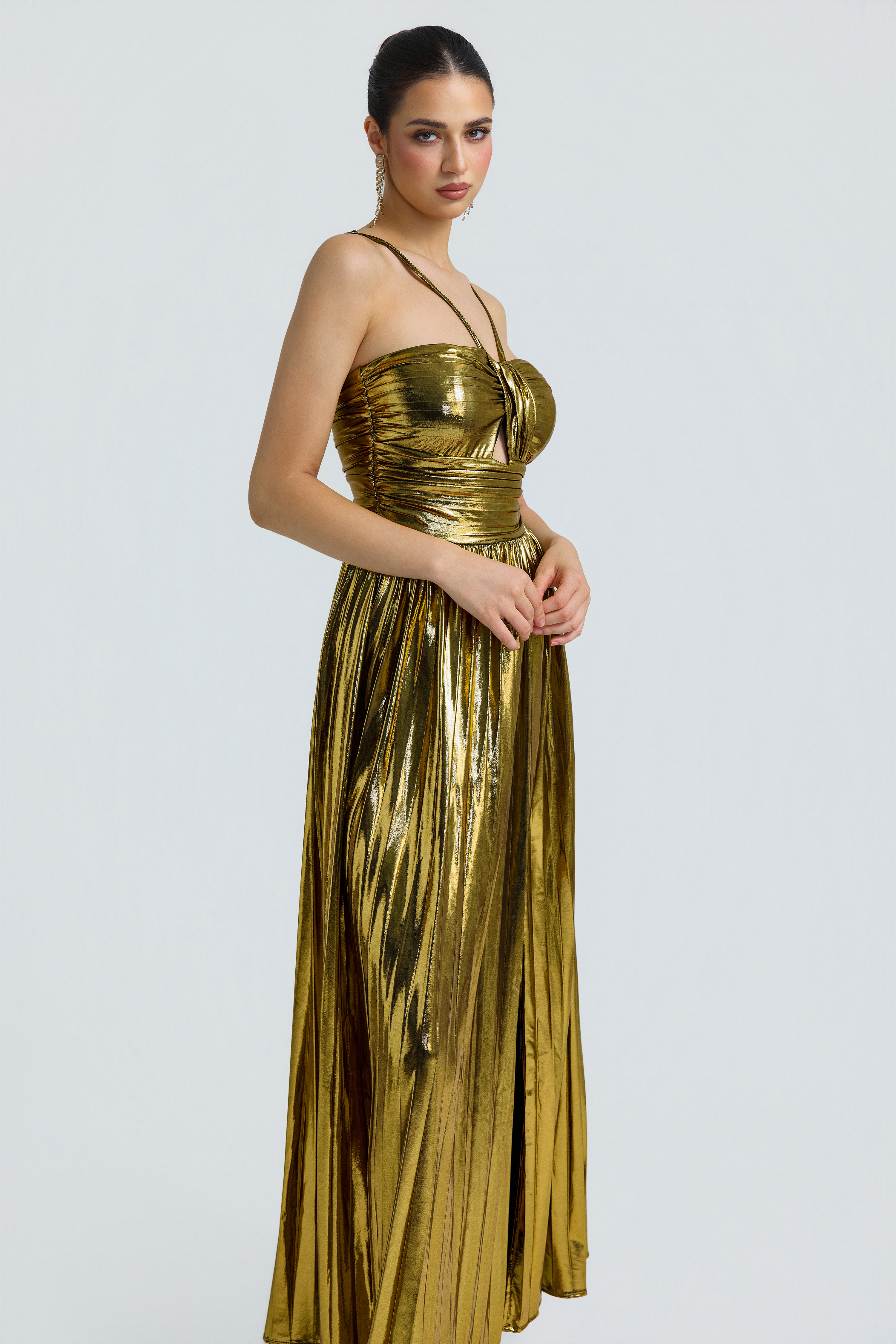 Metallic Fabric Pleated Slit Maxi Dress