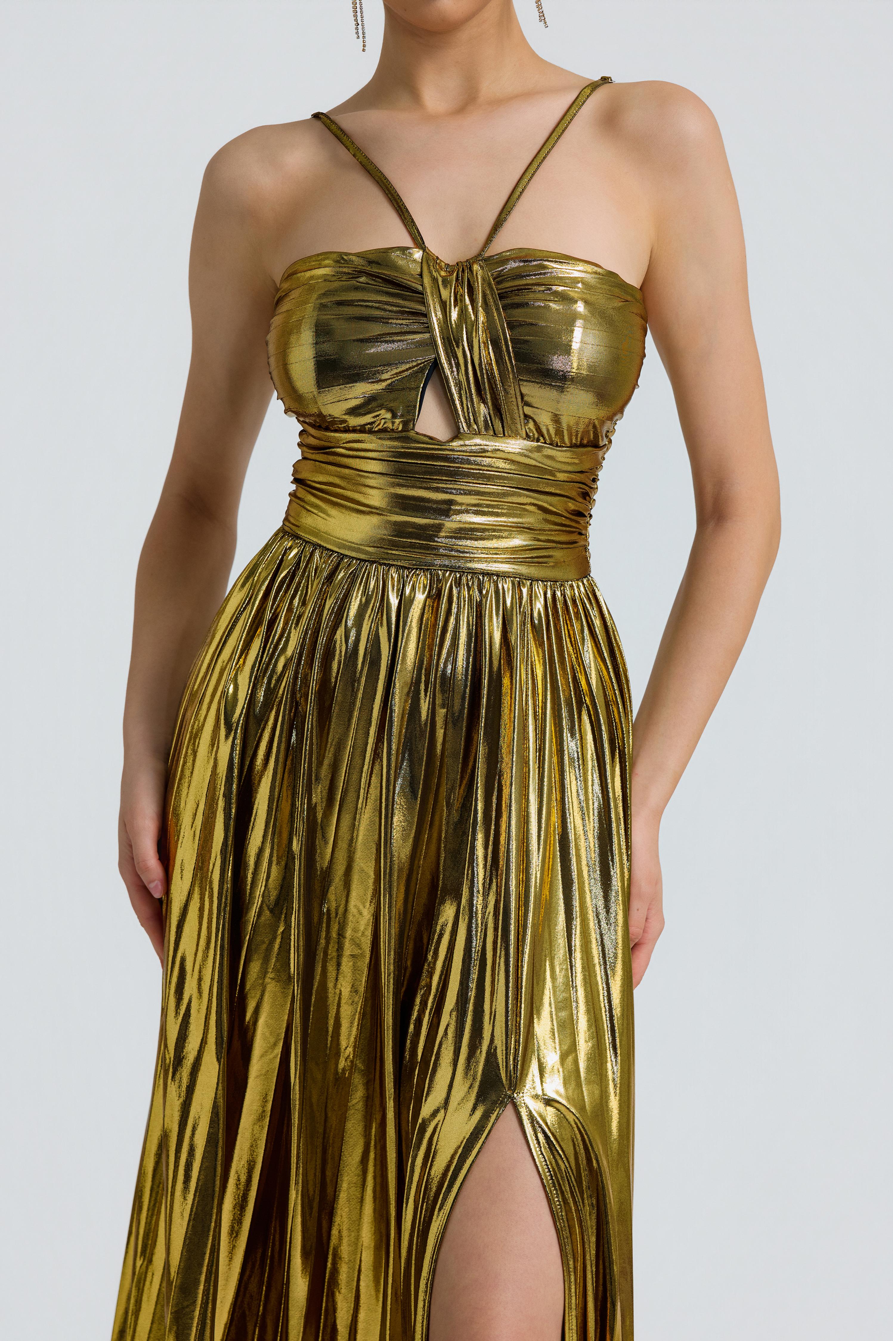 Metallic Fabric Pleated Slit Maxi Dress