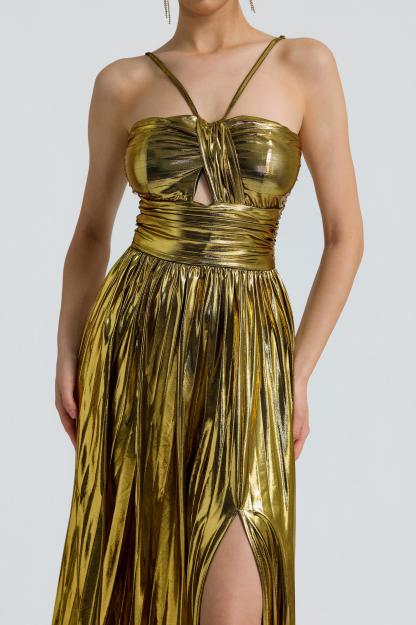 Metallic Fabric Pleated Slit Maxi Dress