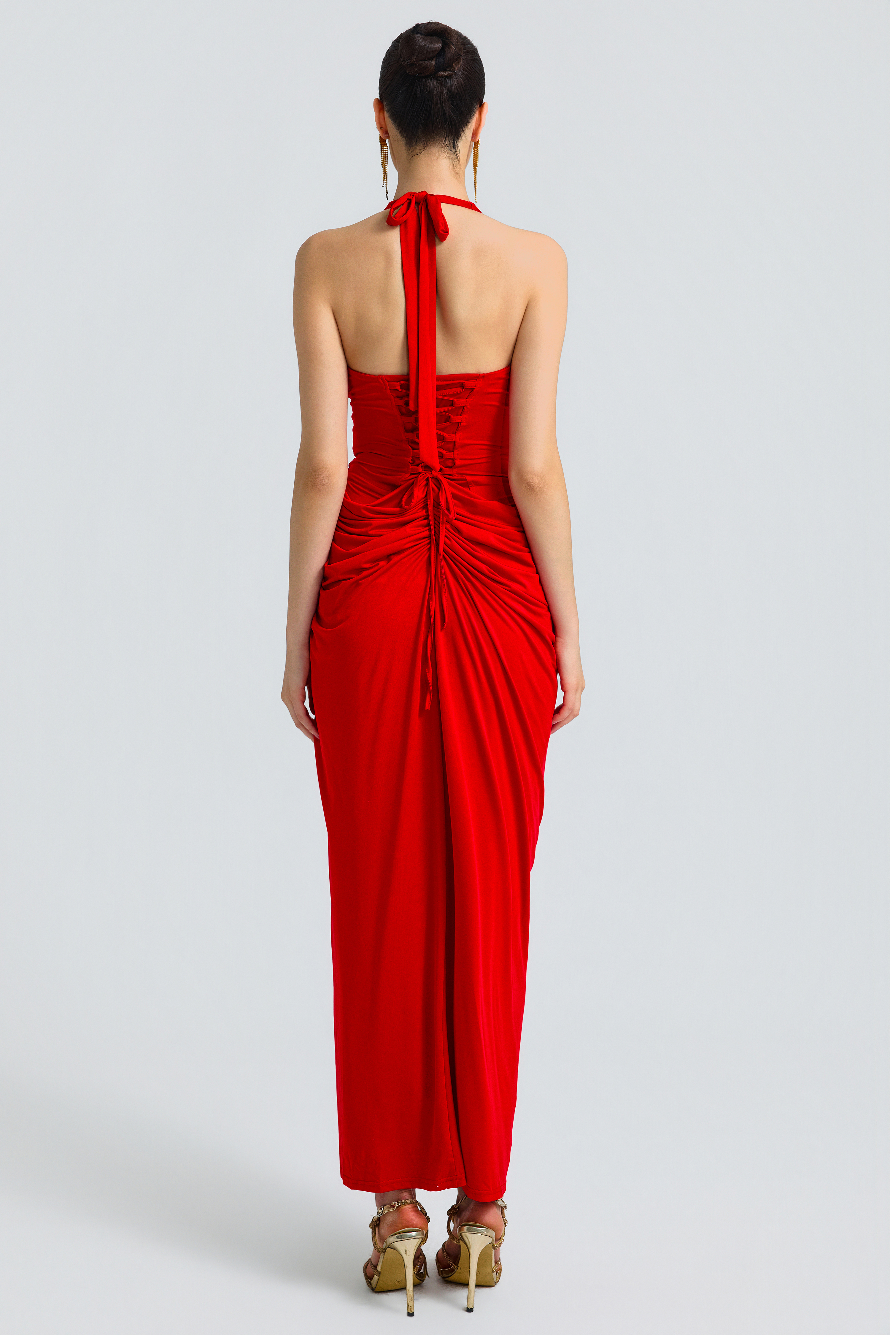 Halter Deep V Pleated Waist Slit Maxi Gown