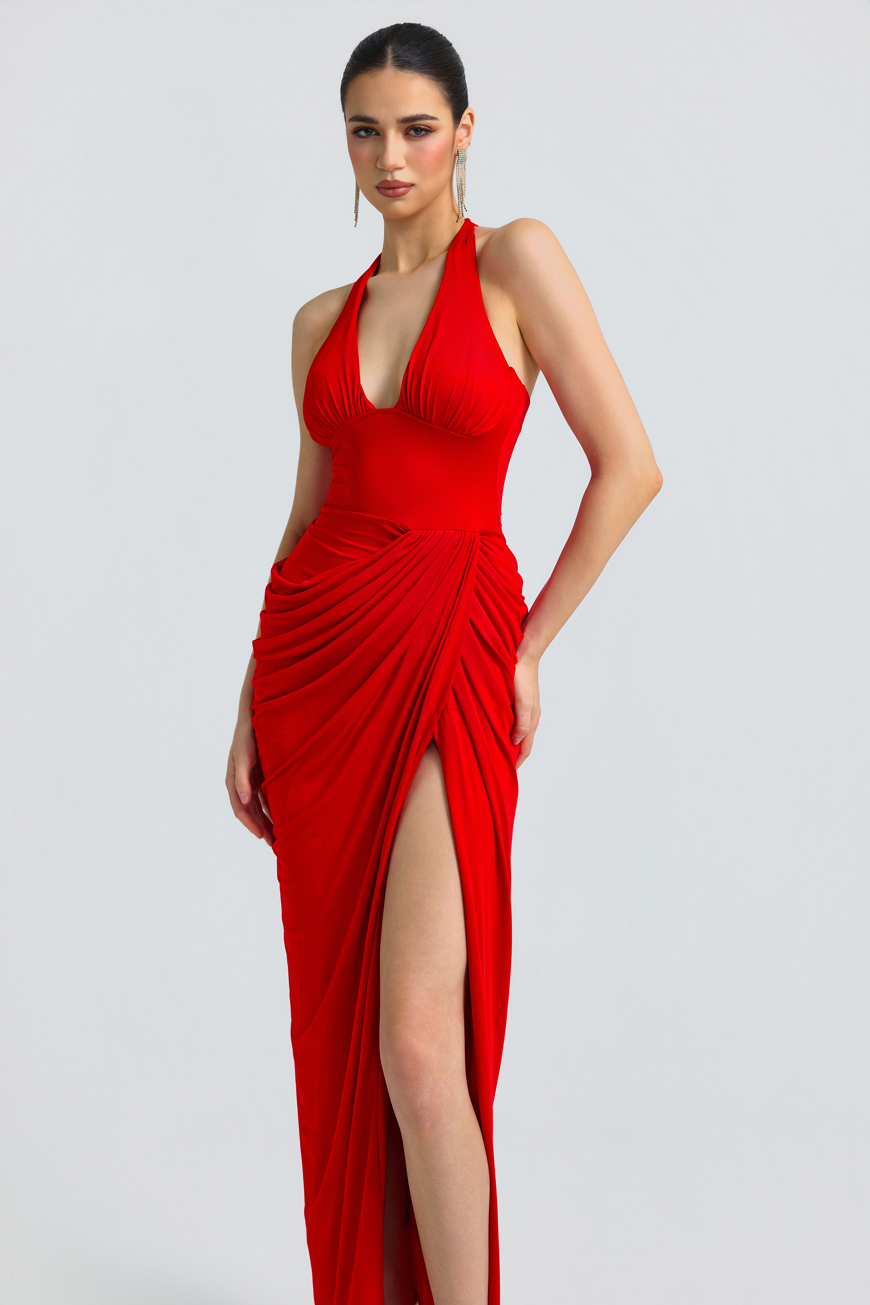 Halter Deep V Pleated Waist Slit Maxi Gown