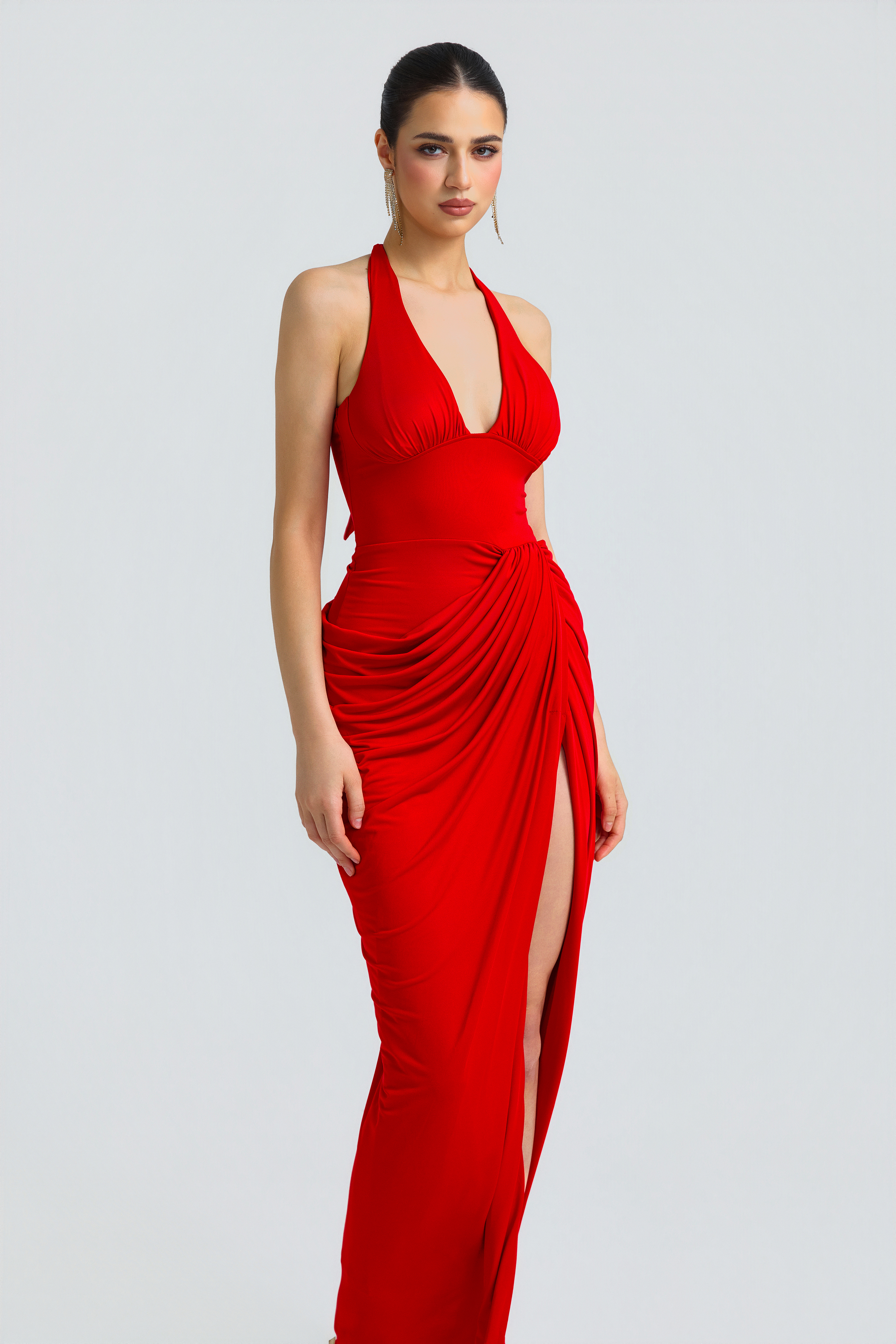 Halter Deep V Pleated Waist Slit Maxi Gown