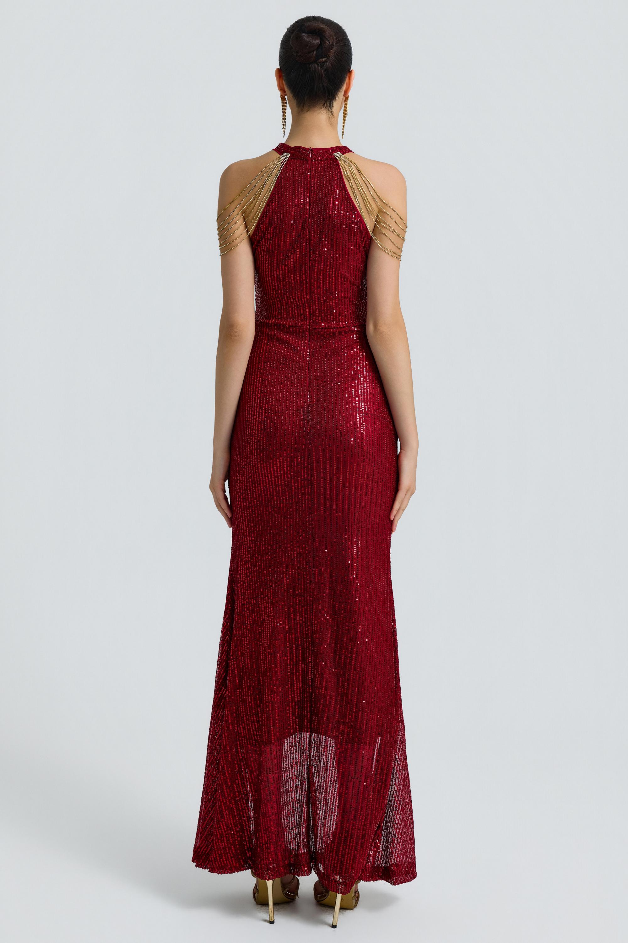Sequin Halter Neck Tassel Maxi Dress