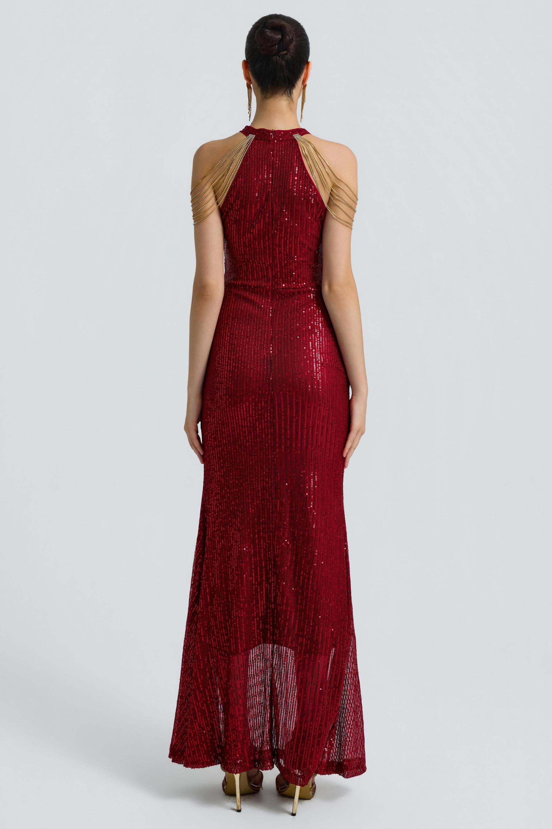 Sequin Halter Neck Tassel Maxi Dress