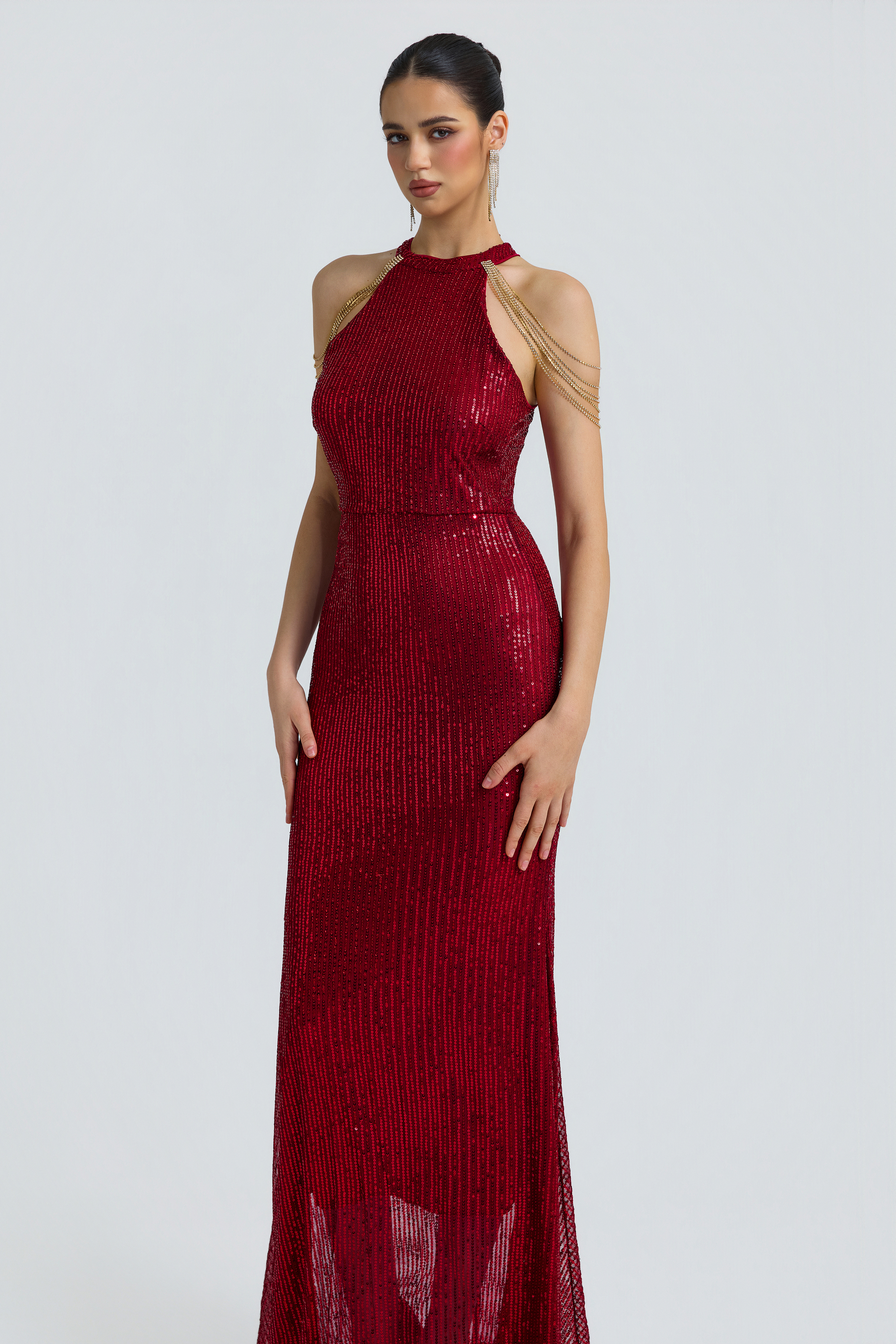 Sequin Halter Neck Tassel Maxi Dress