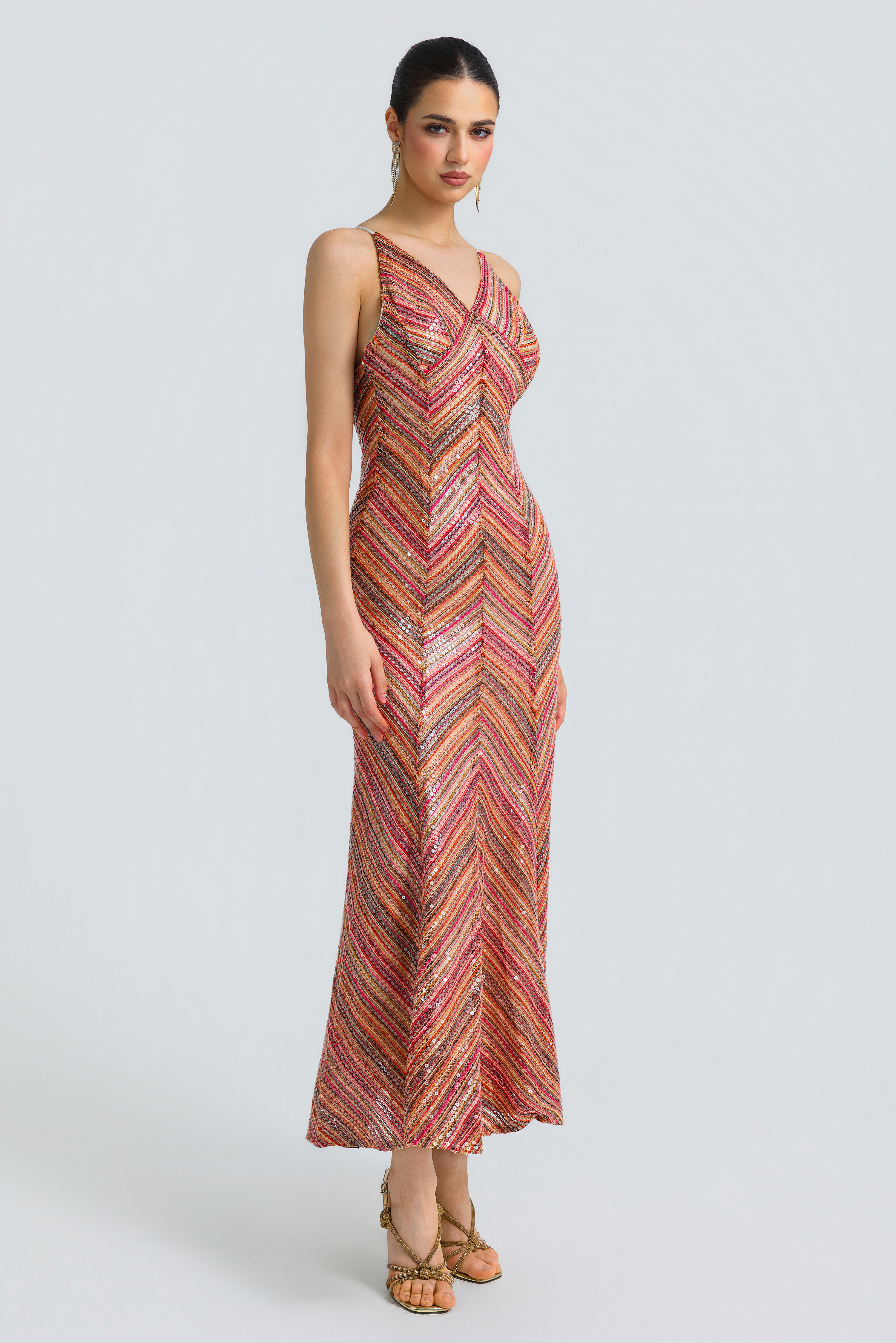 Sequin Chevron Slit Midi Dress