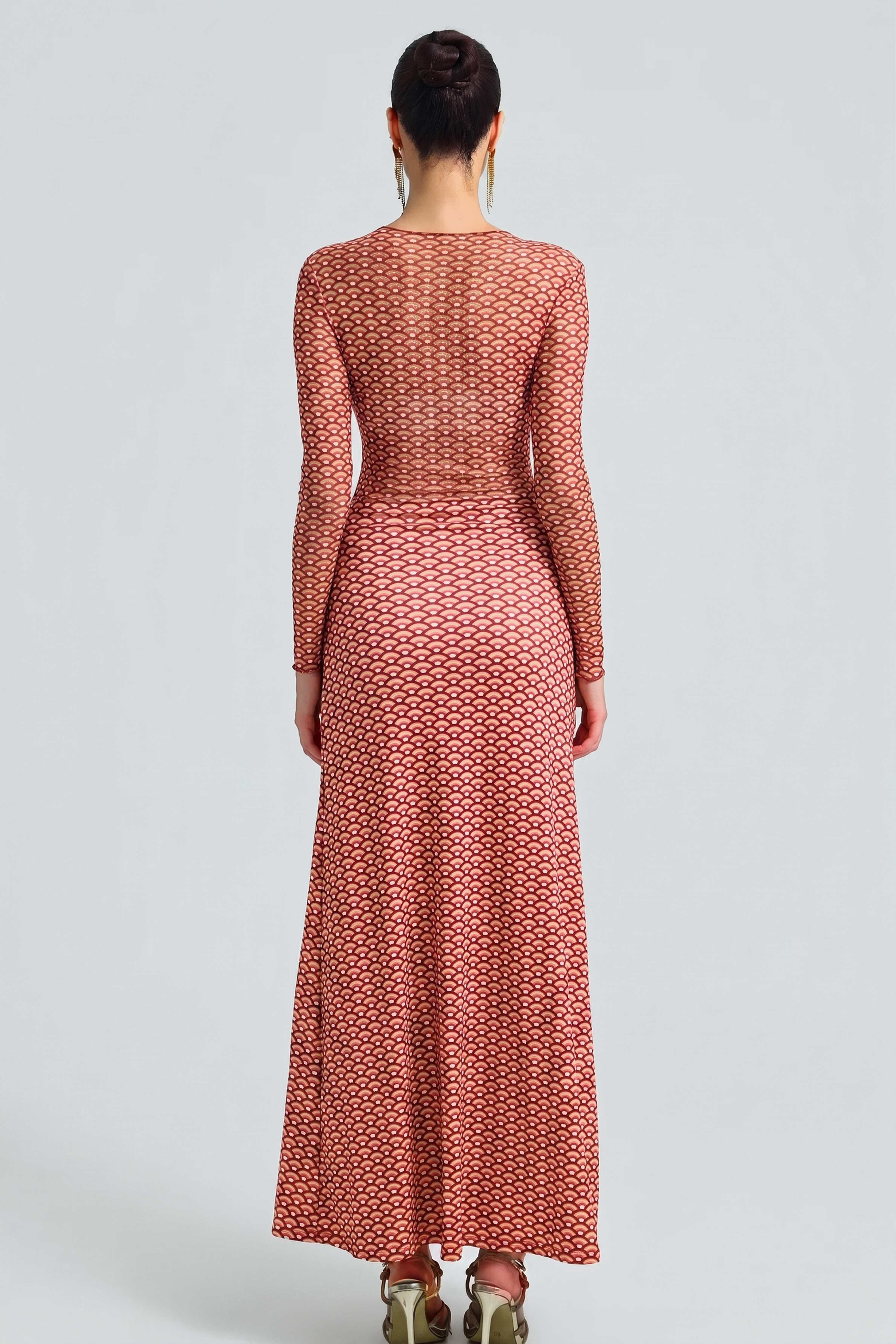 Abstract Print Mesh See-Through Maxi Dress