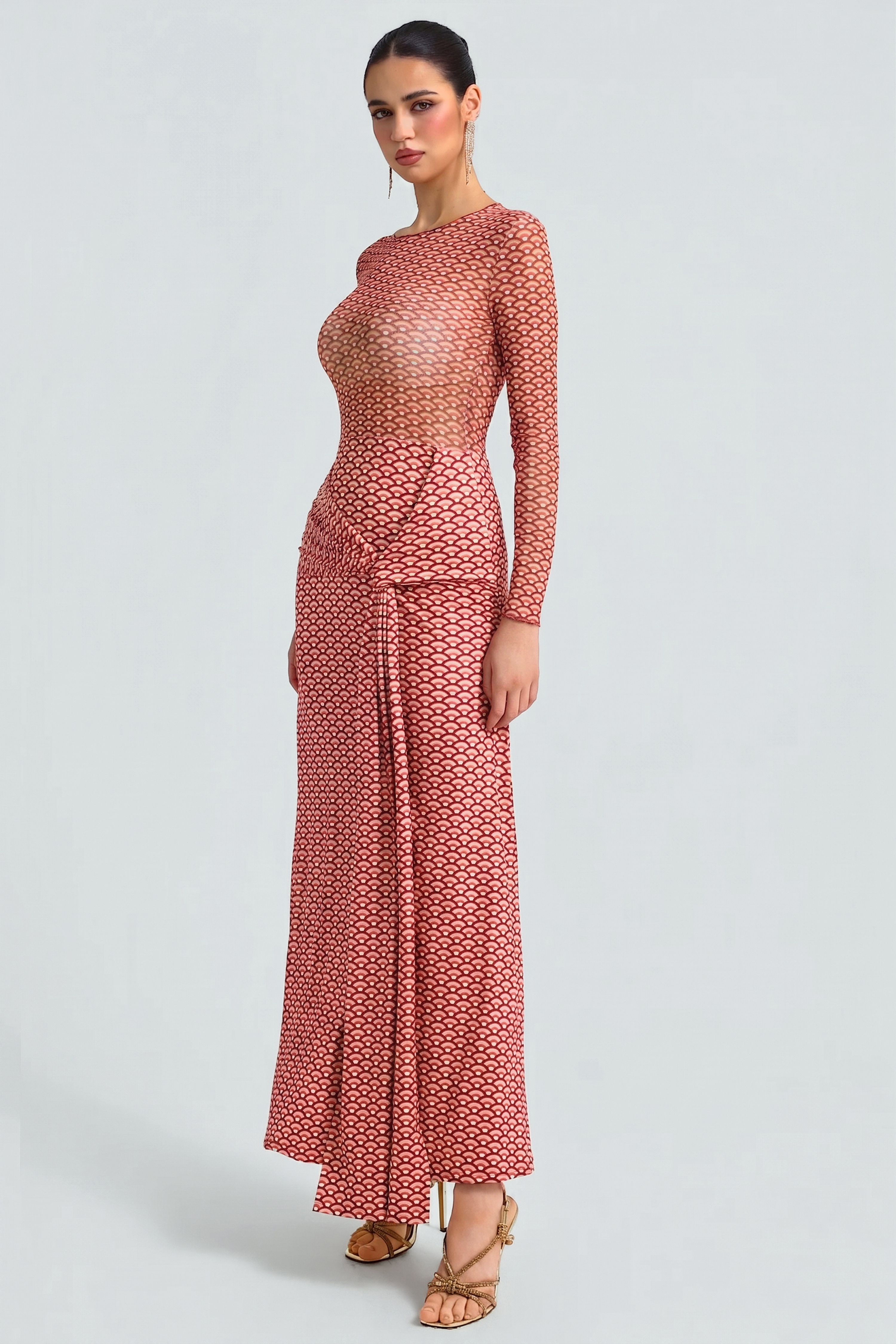Abstract Print Mesh See-Through Maxi Dress