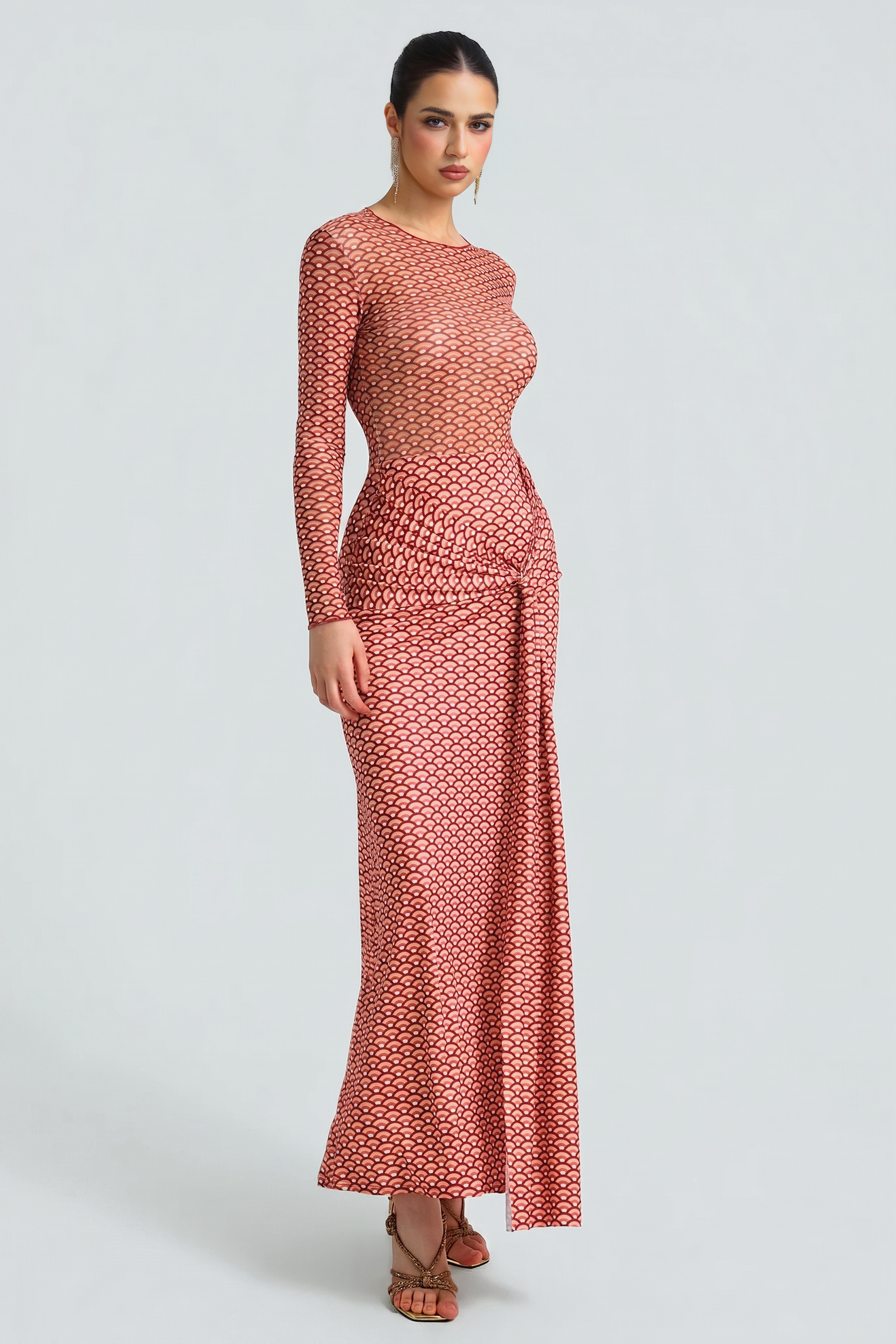 Abstract Print Mesh See-Through Maxi Dress