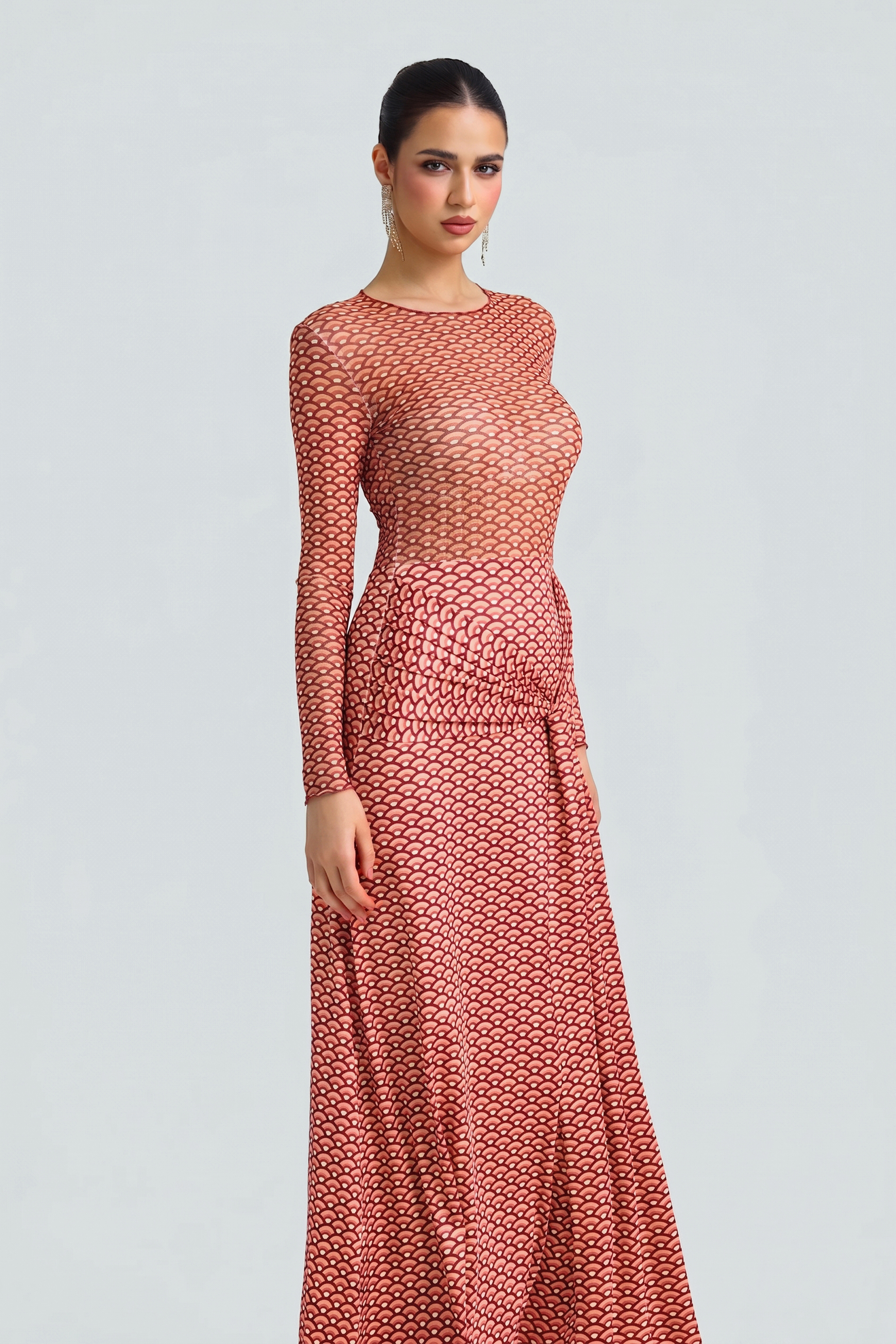 Abstract Print Mesh See-Through Maxi Dress