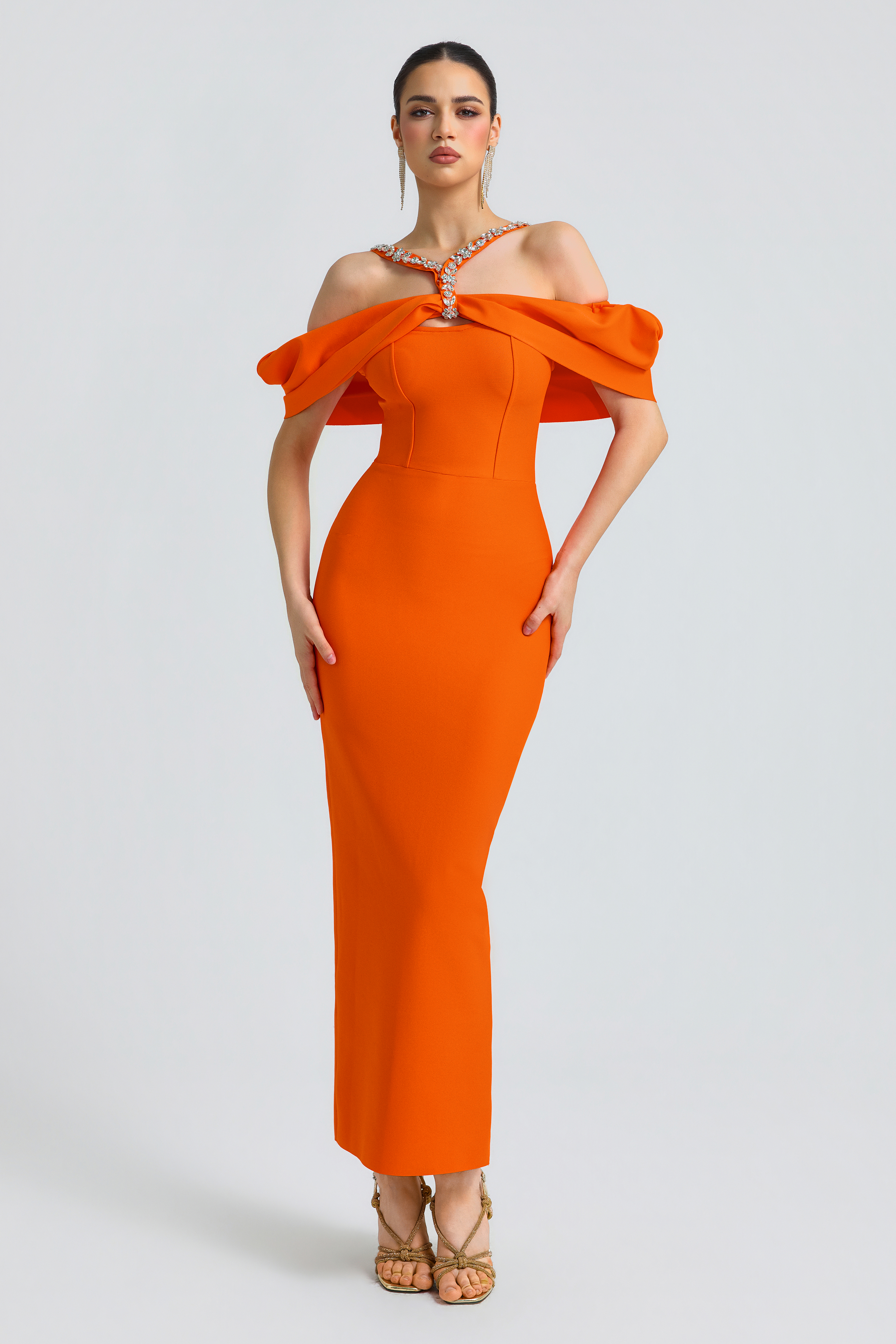 Bandage Rhinestone Rivets Slit Maxi Dress