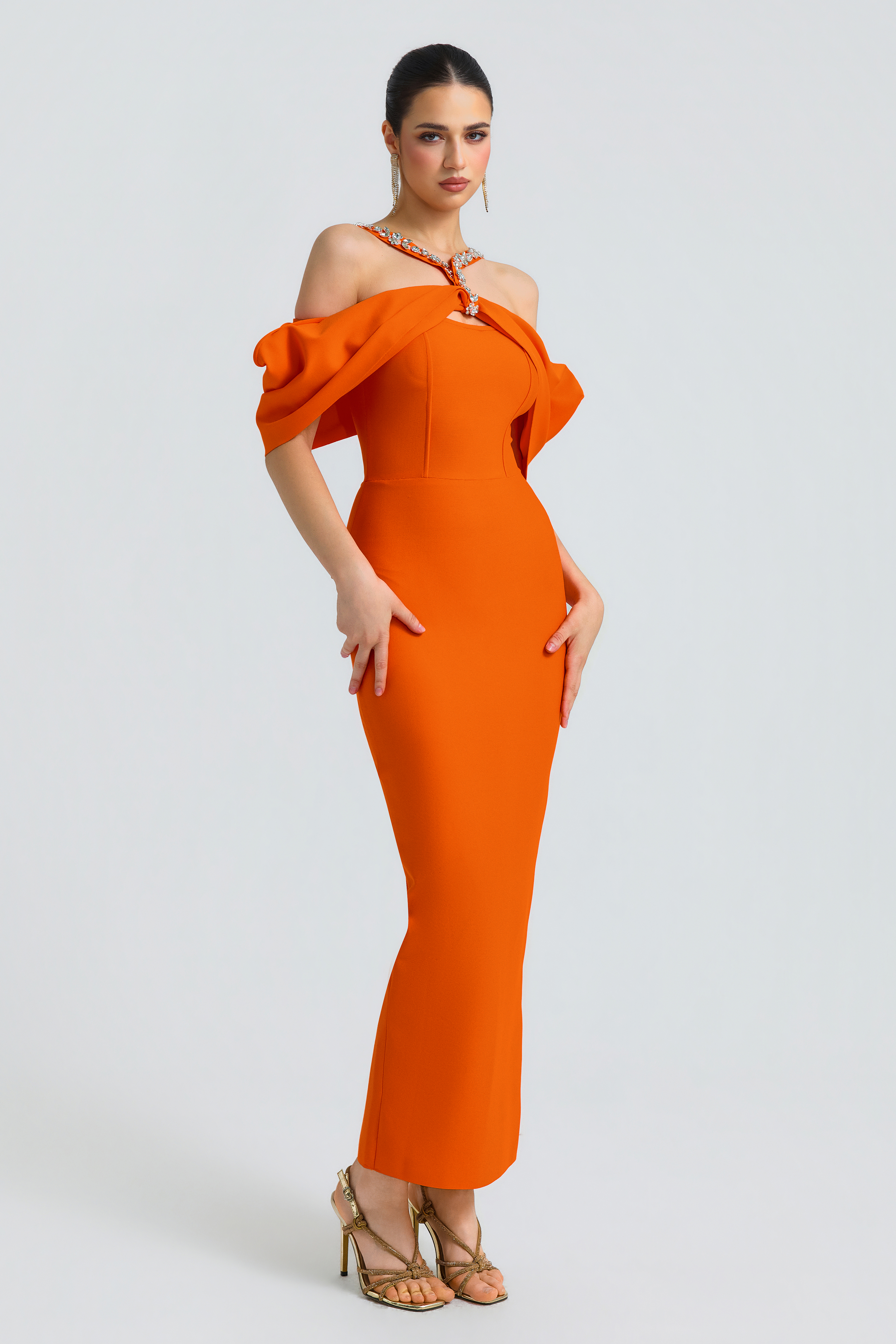 Bandage Rhinestone Rivets Slit Maxi Dress