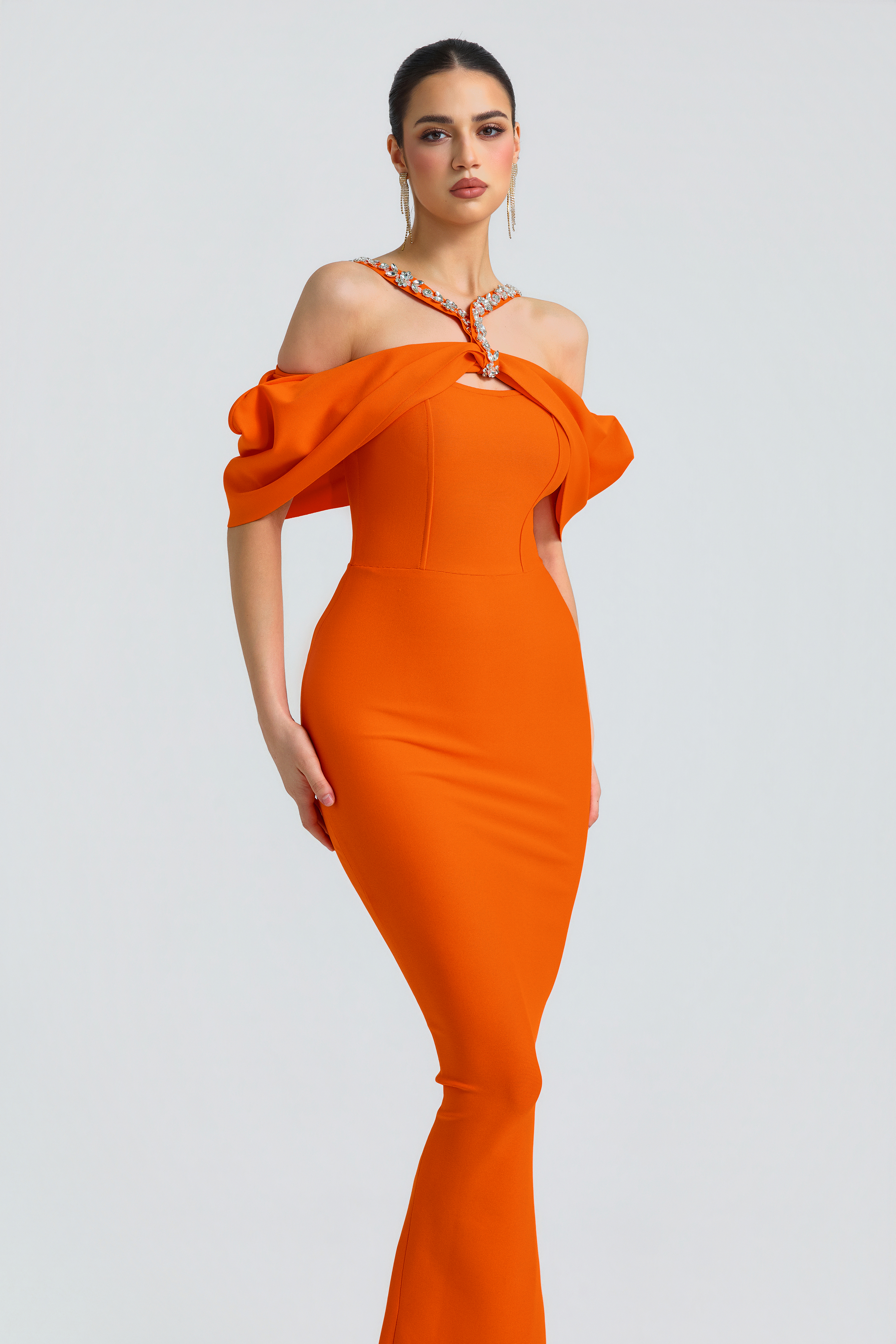 Bandage Rhinestone Rivets Slit Maxi Dress