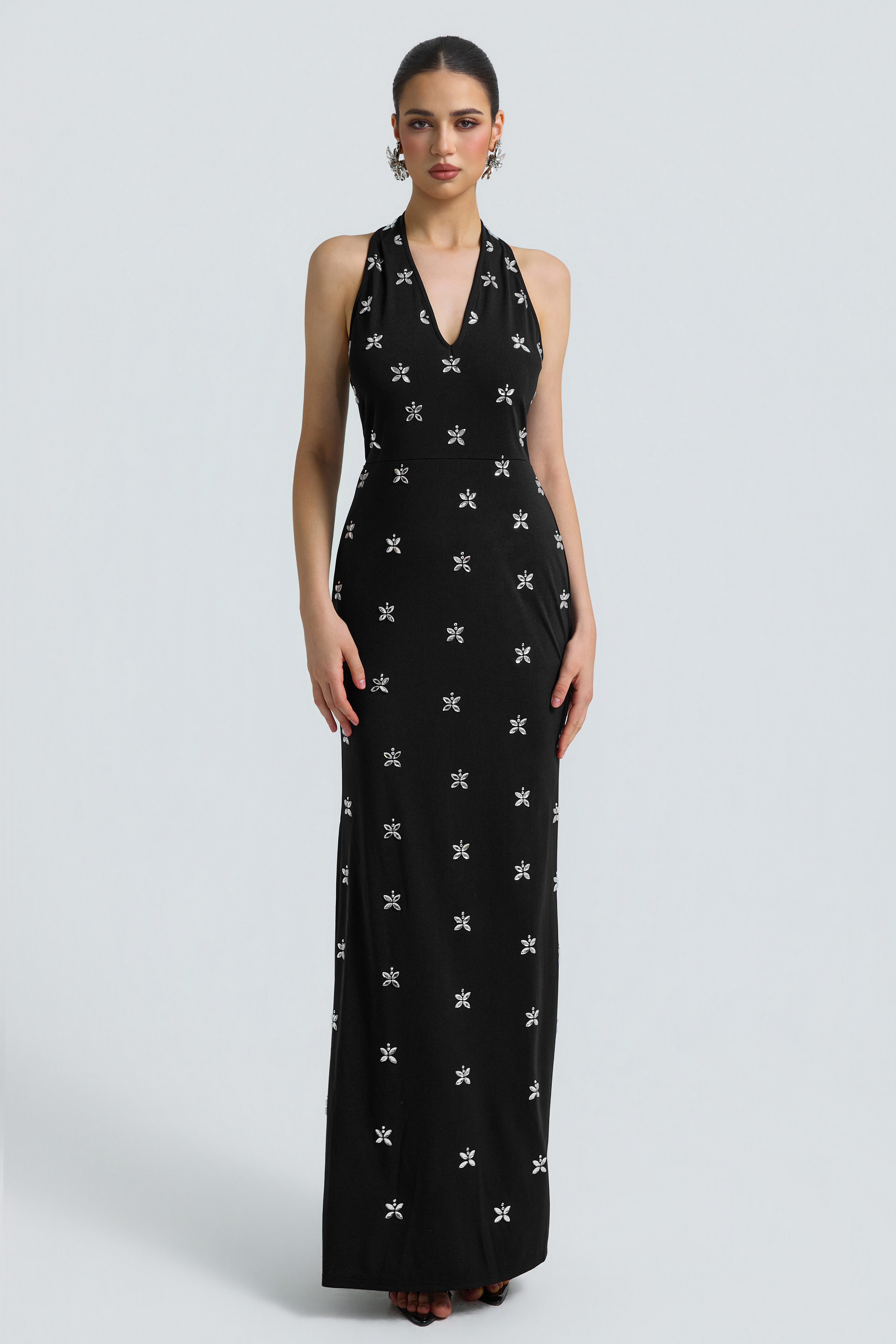 Jersey Rhinestone Halter Neck Maxi Dress