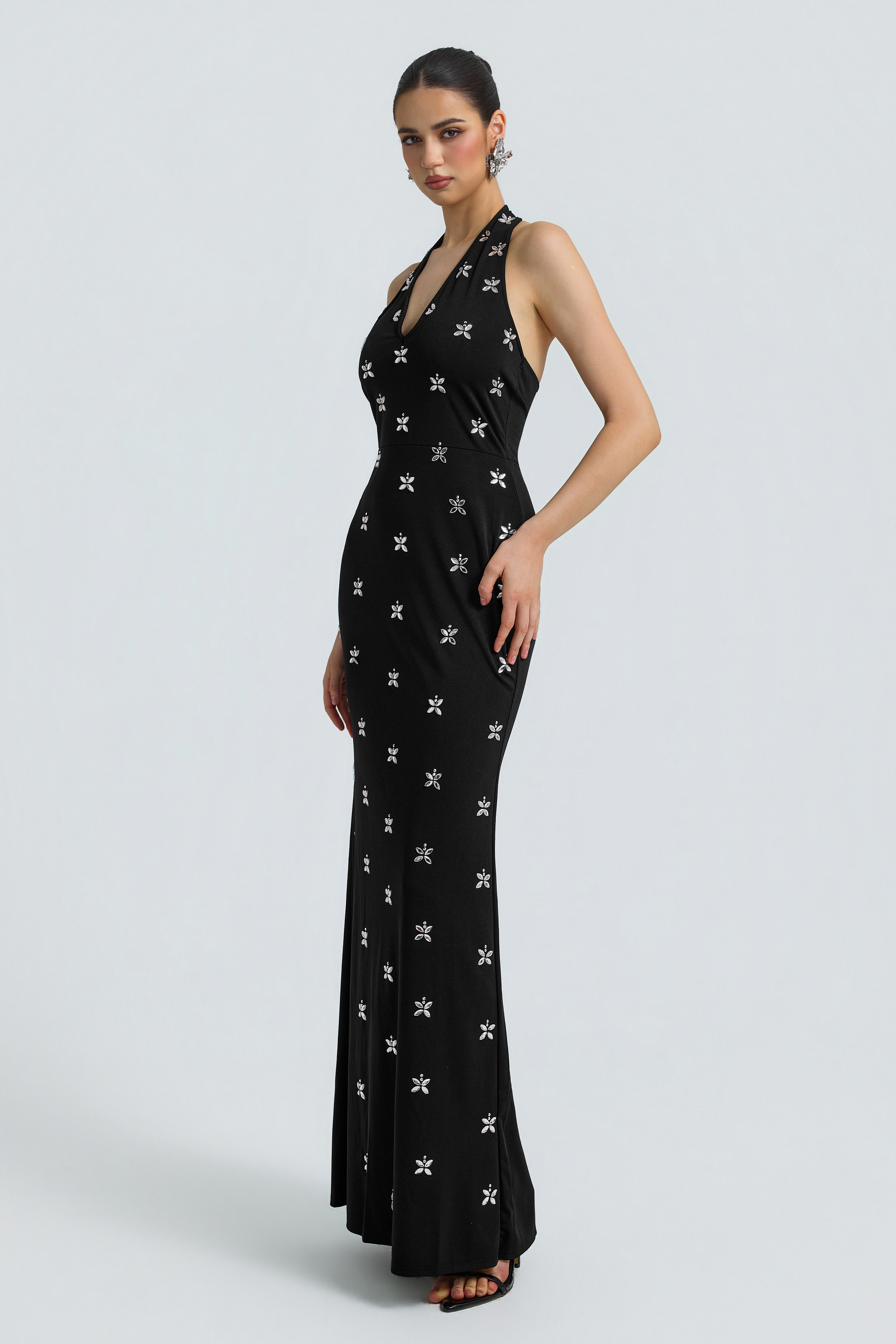 Jersey Rhinestone Halter Neck Maxi Dress