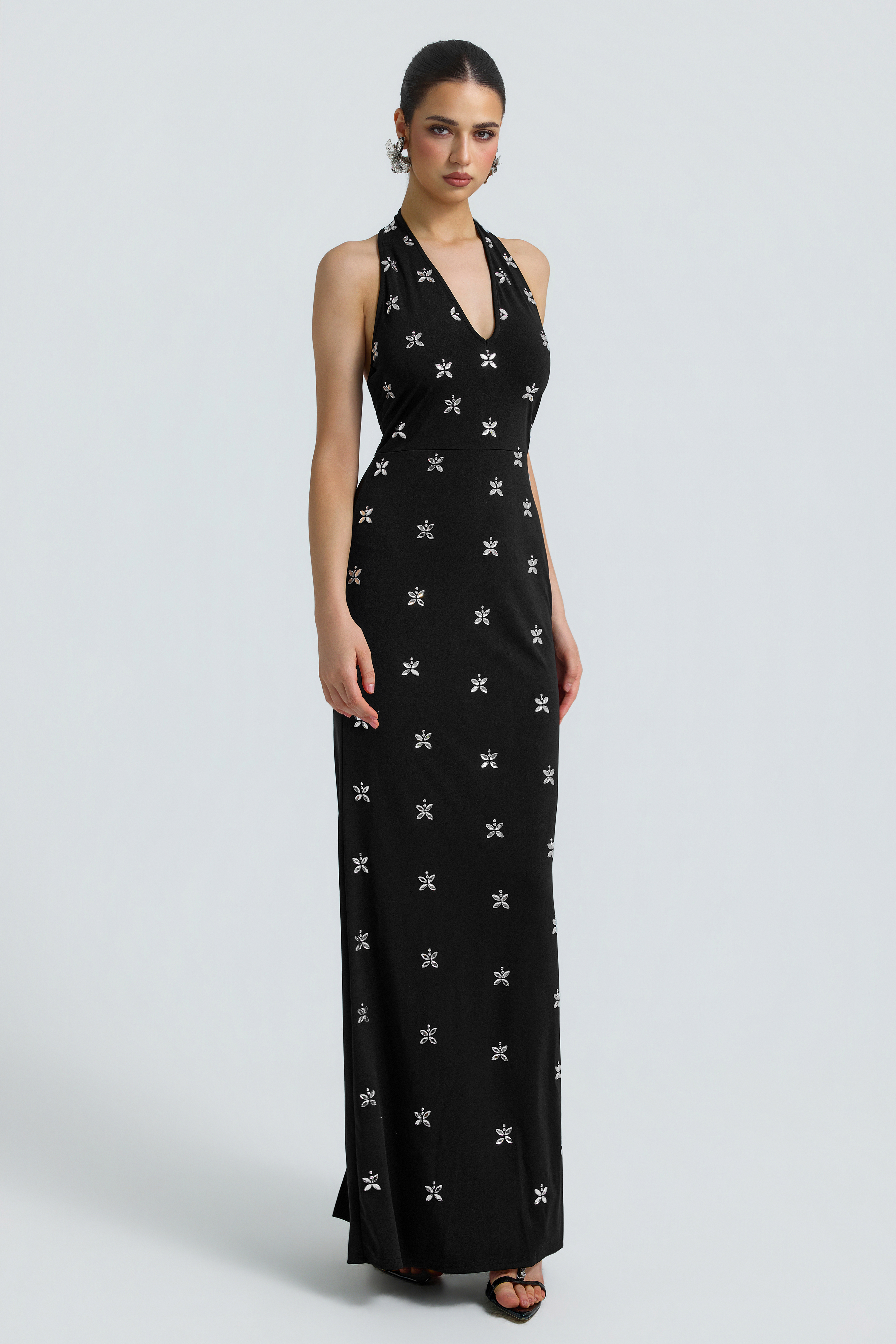 Jersey Rhinestone Halter Neck Maxi Dress