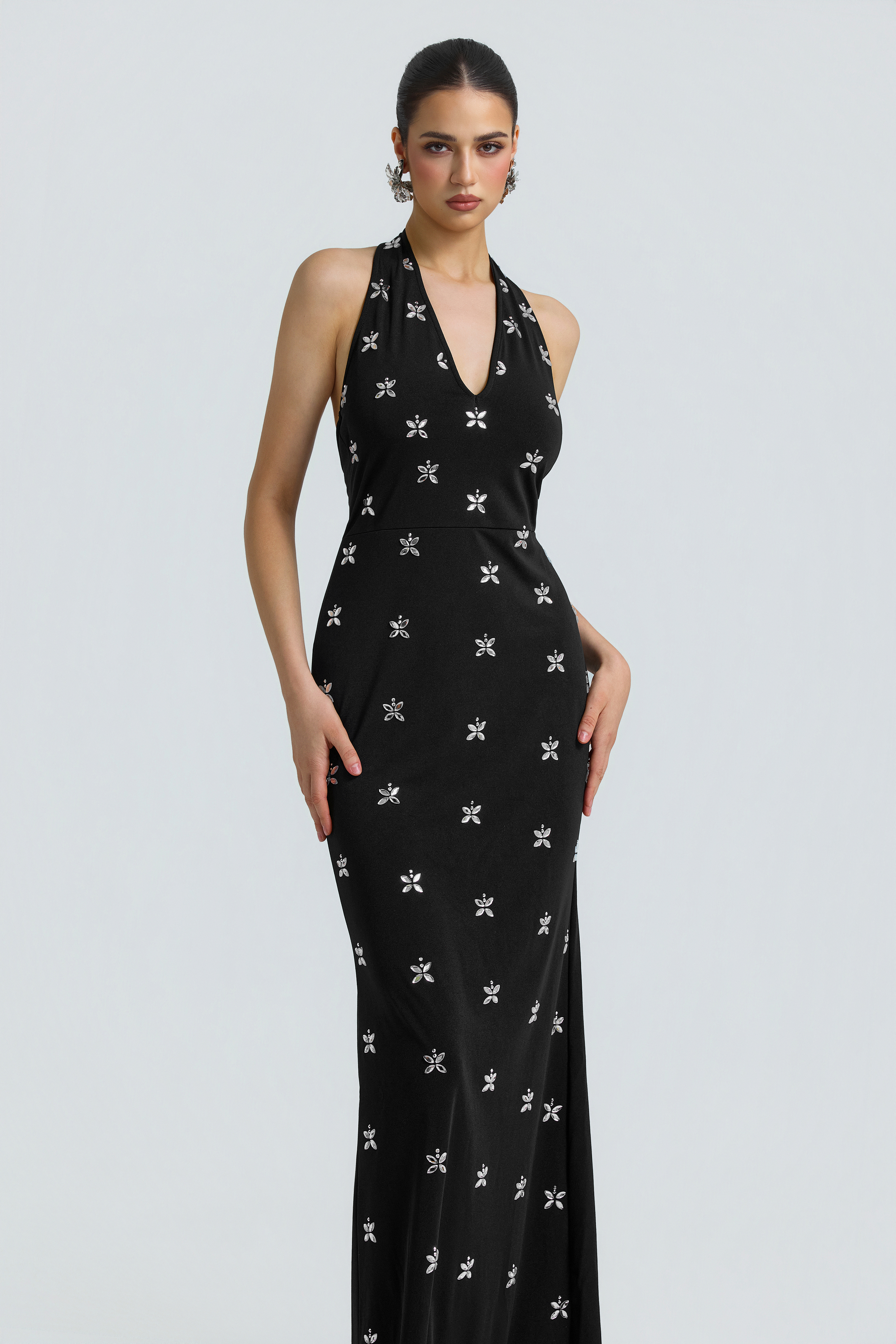 Jersey Rhinestone Halter Neck Maxi Dress