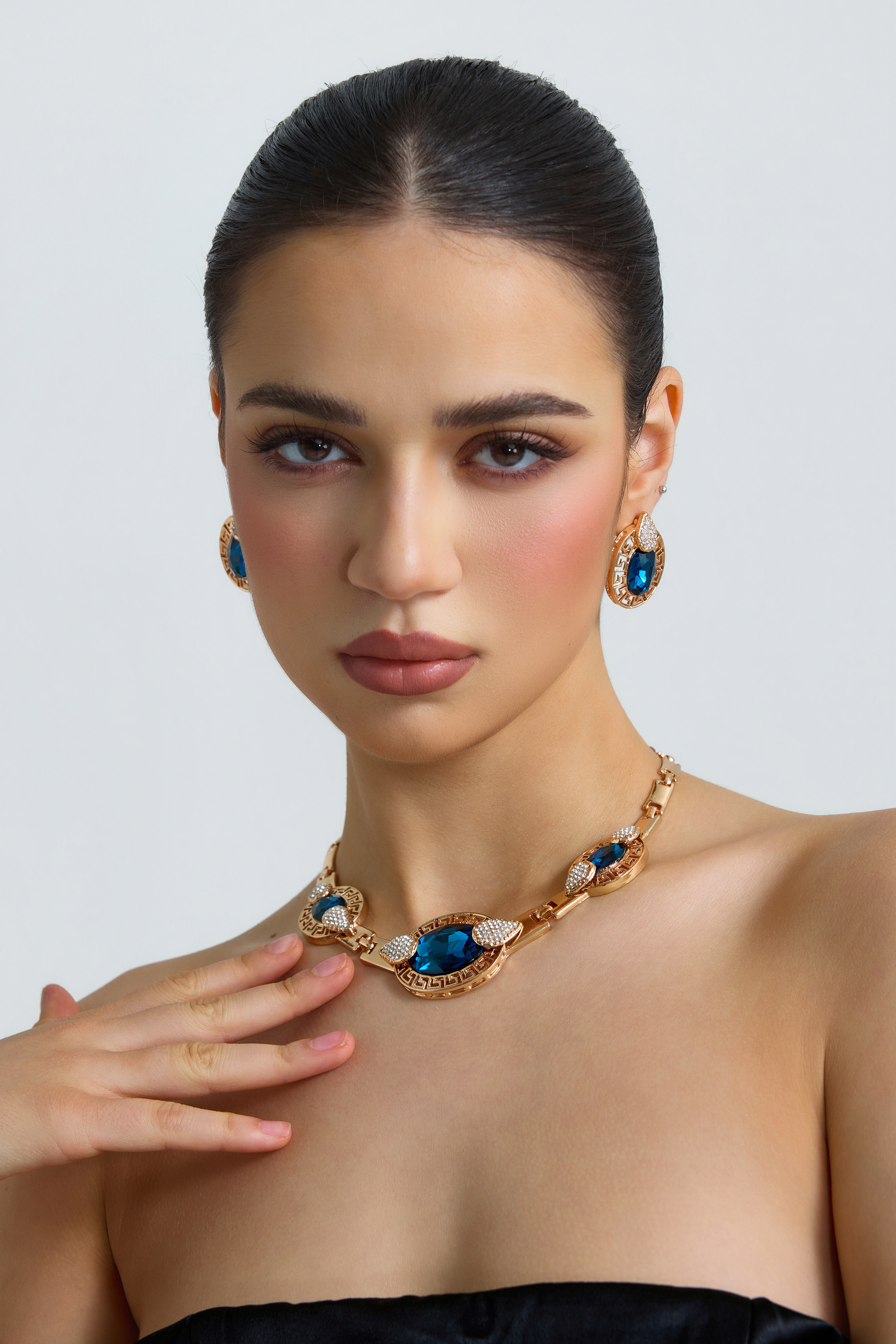 Metal Greek Key Blue Crystal Earring And Necklace Set