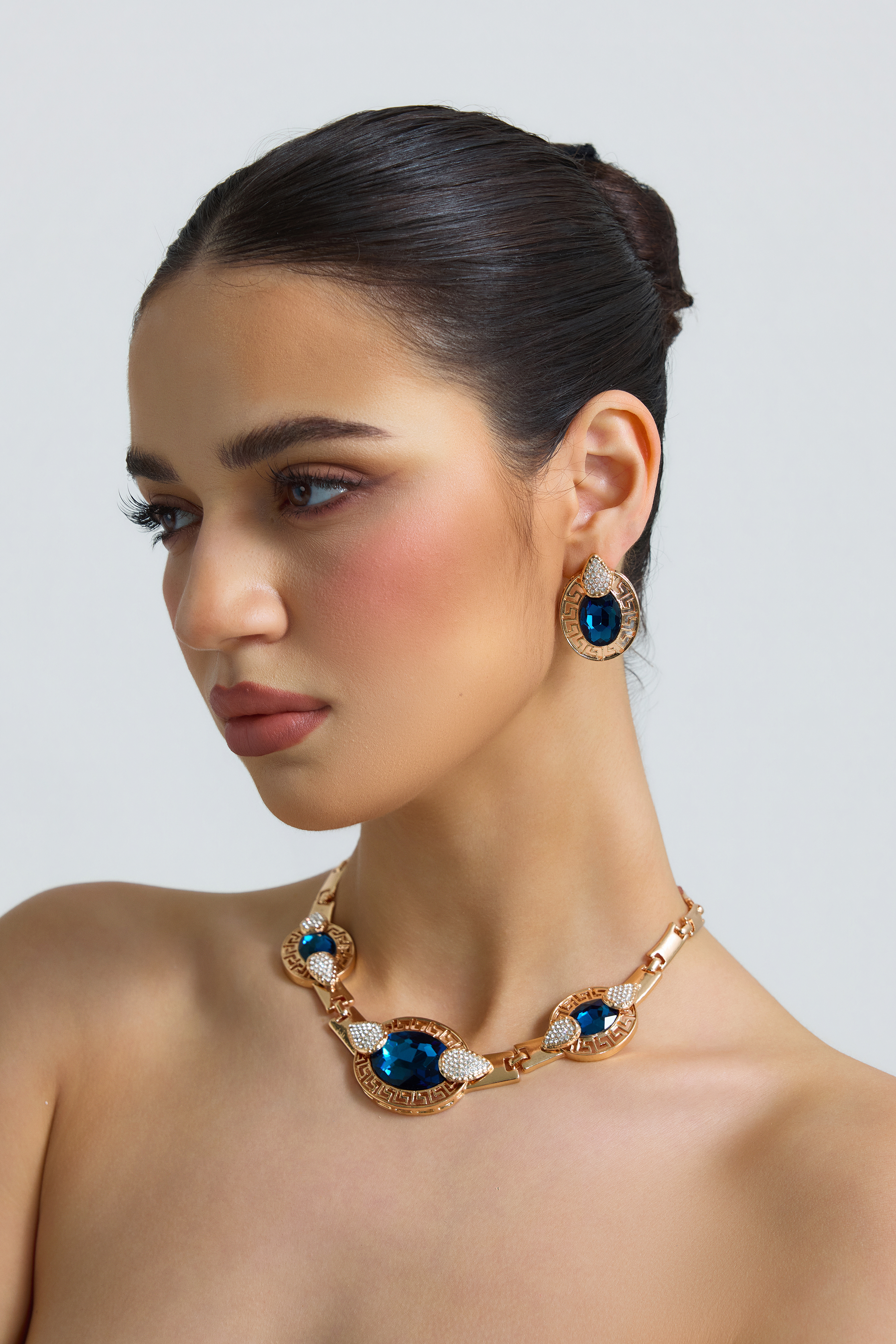 Metal Greek Key Blue Crystal Earring And Necklace Set