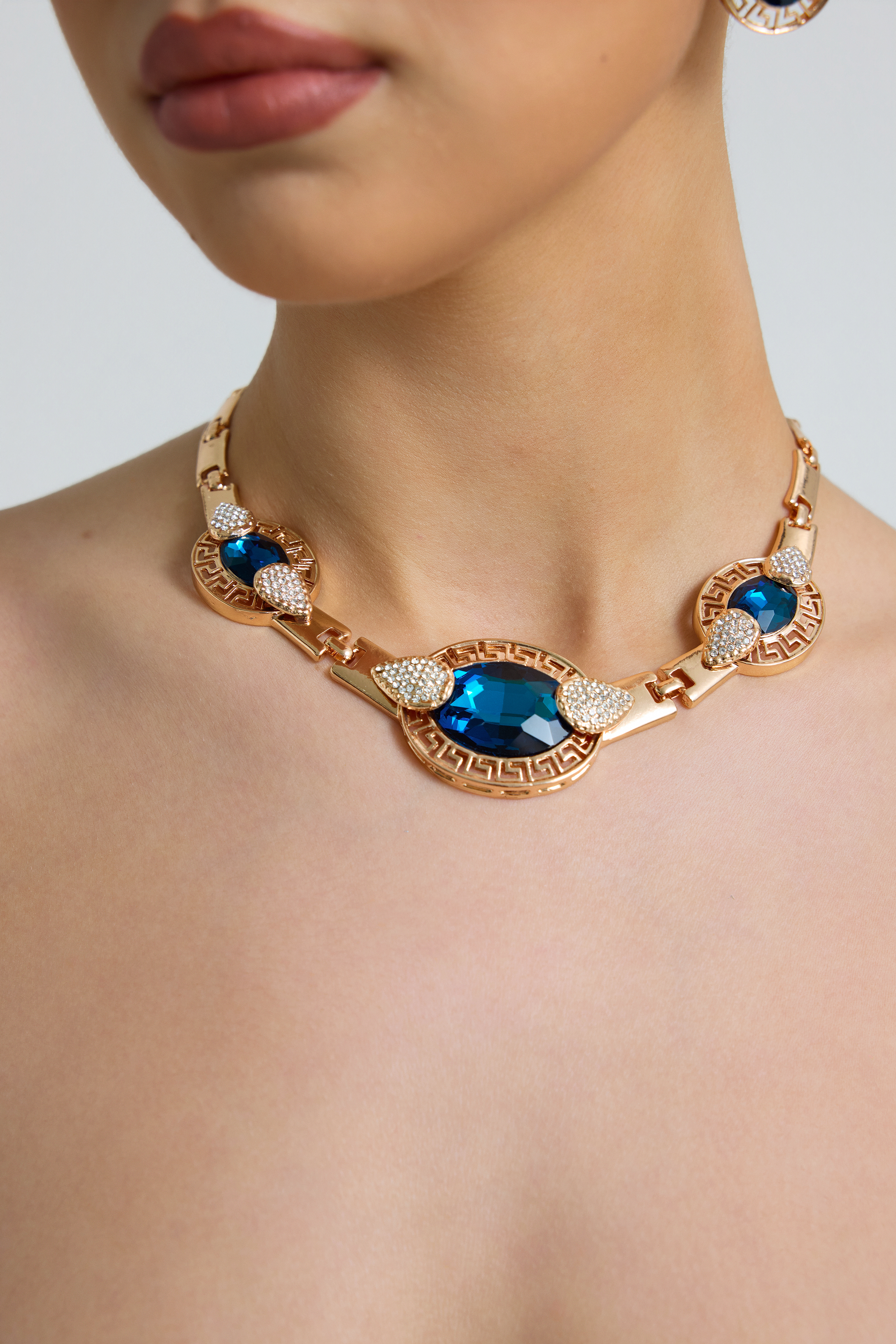 Metal Greek Key Blue Crystal Earring And Necklace Set