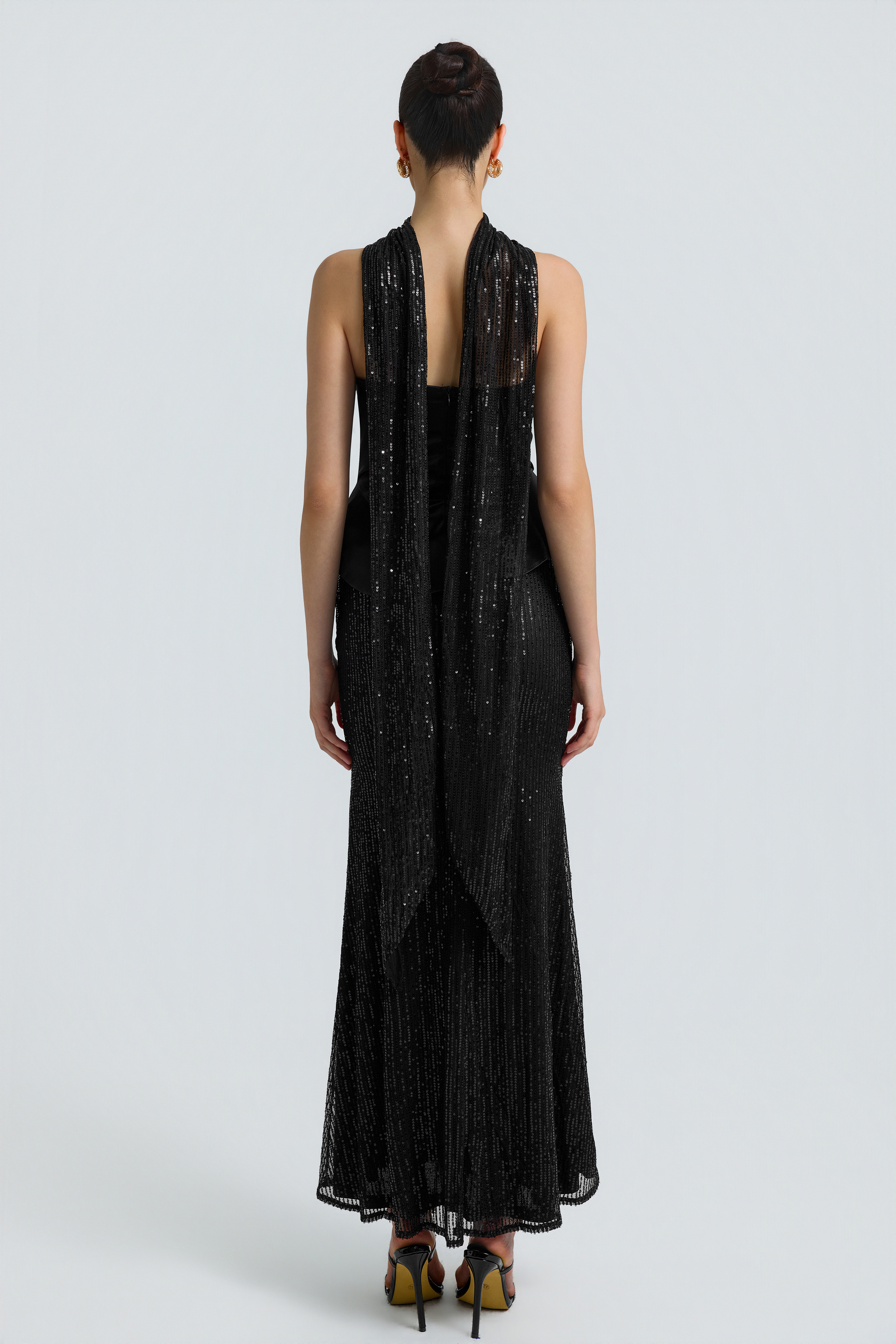 Satin Splicing Sequin Off-Shoulder Maxi Dress