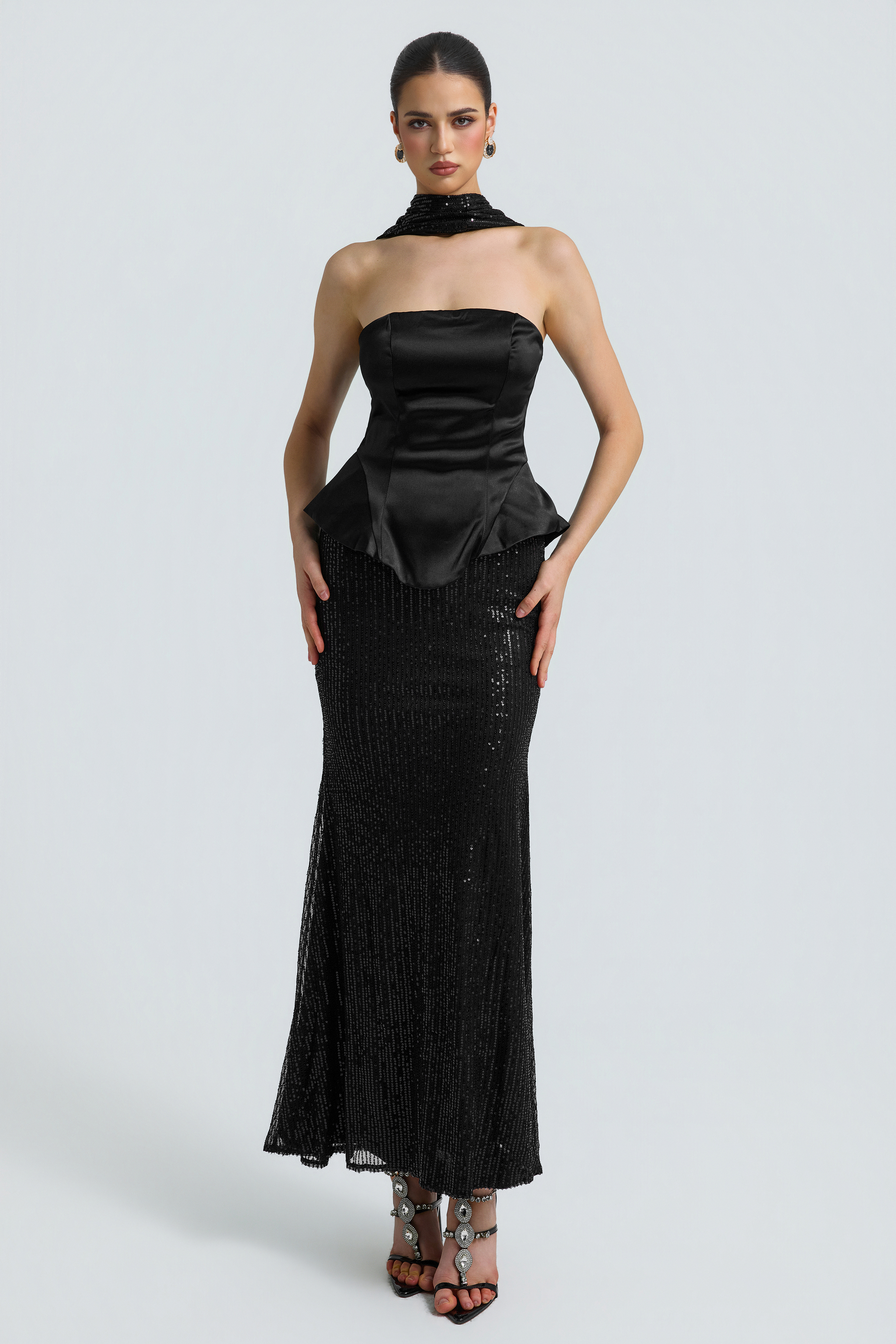 Satin Splicing Sequin Off-Shoulder Maxi Dress