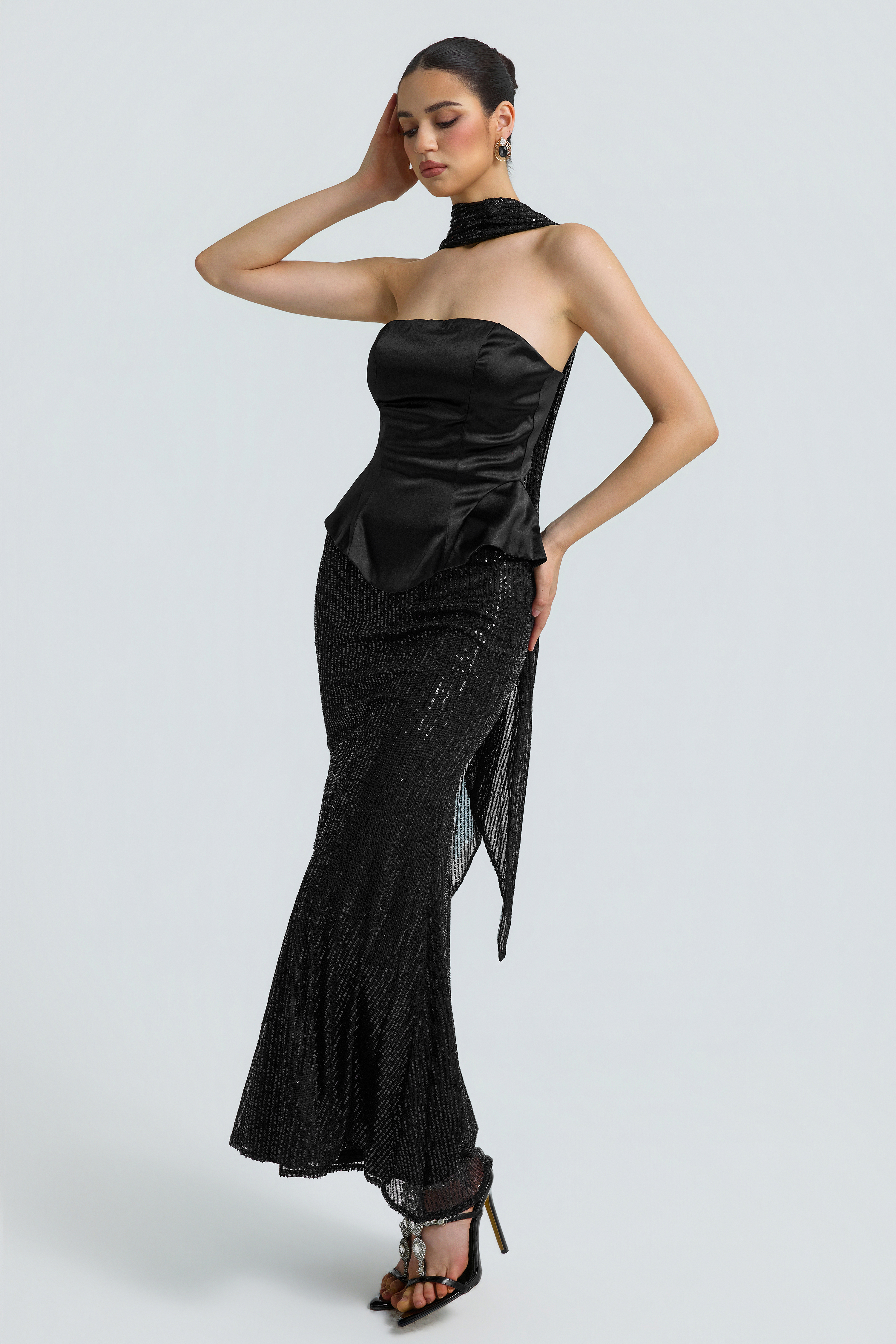 Satin Splicing Sequin Off-Shoulder Maxi Dress