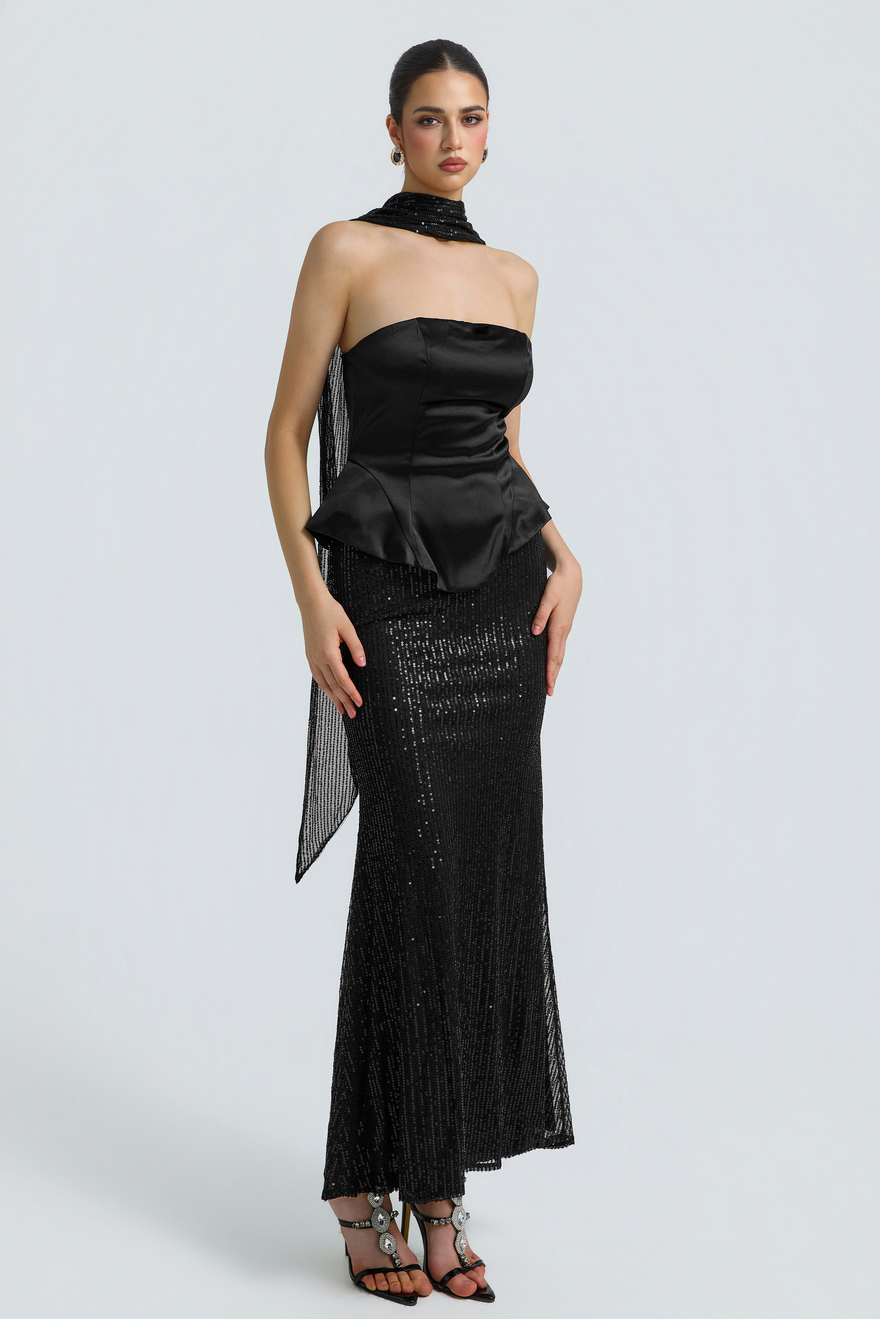 Satin Splicing Sequin Off-Shoulder Maxi Dress