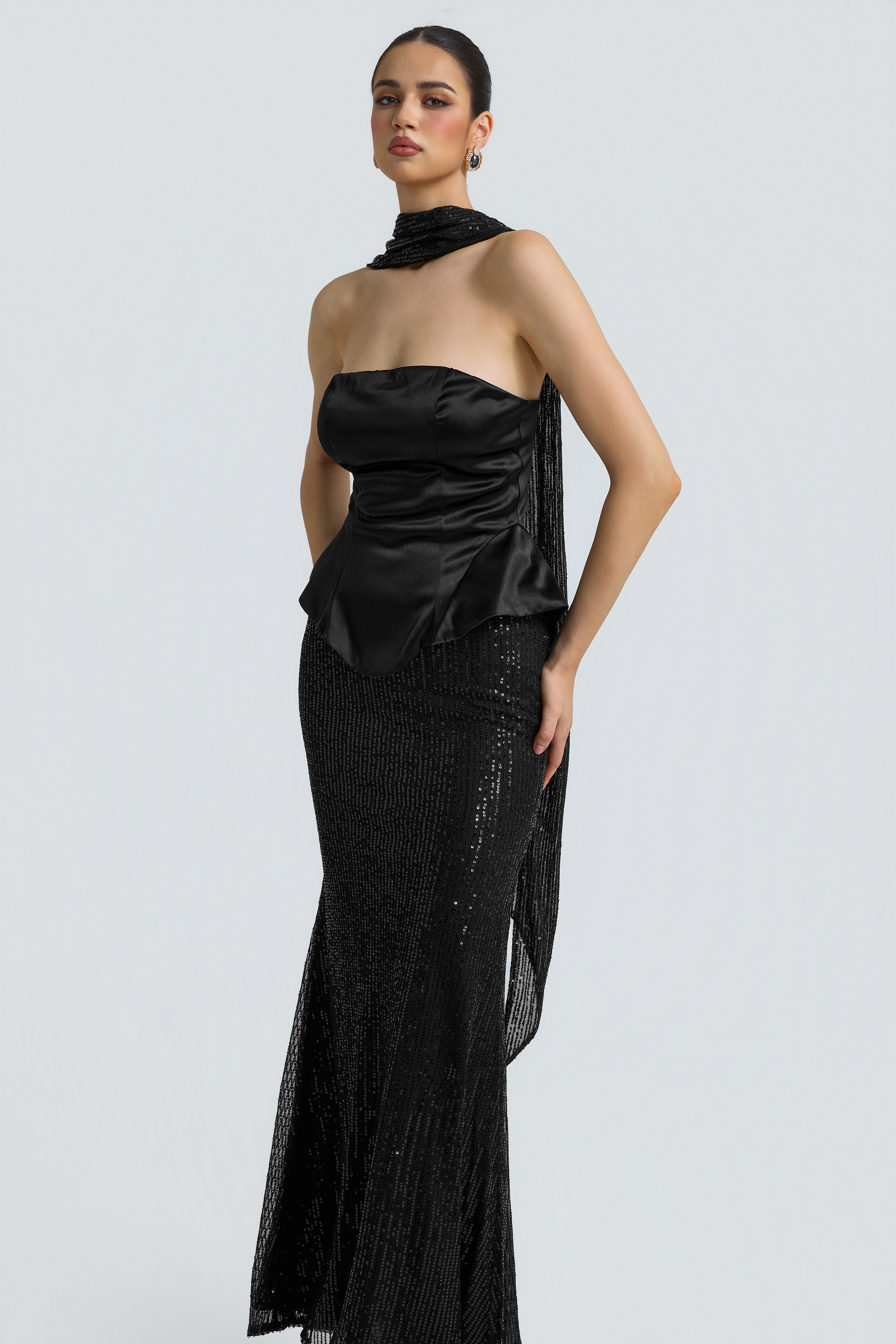 Satin Splicing Sequin Off-Shoulder Maxi Dress