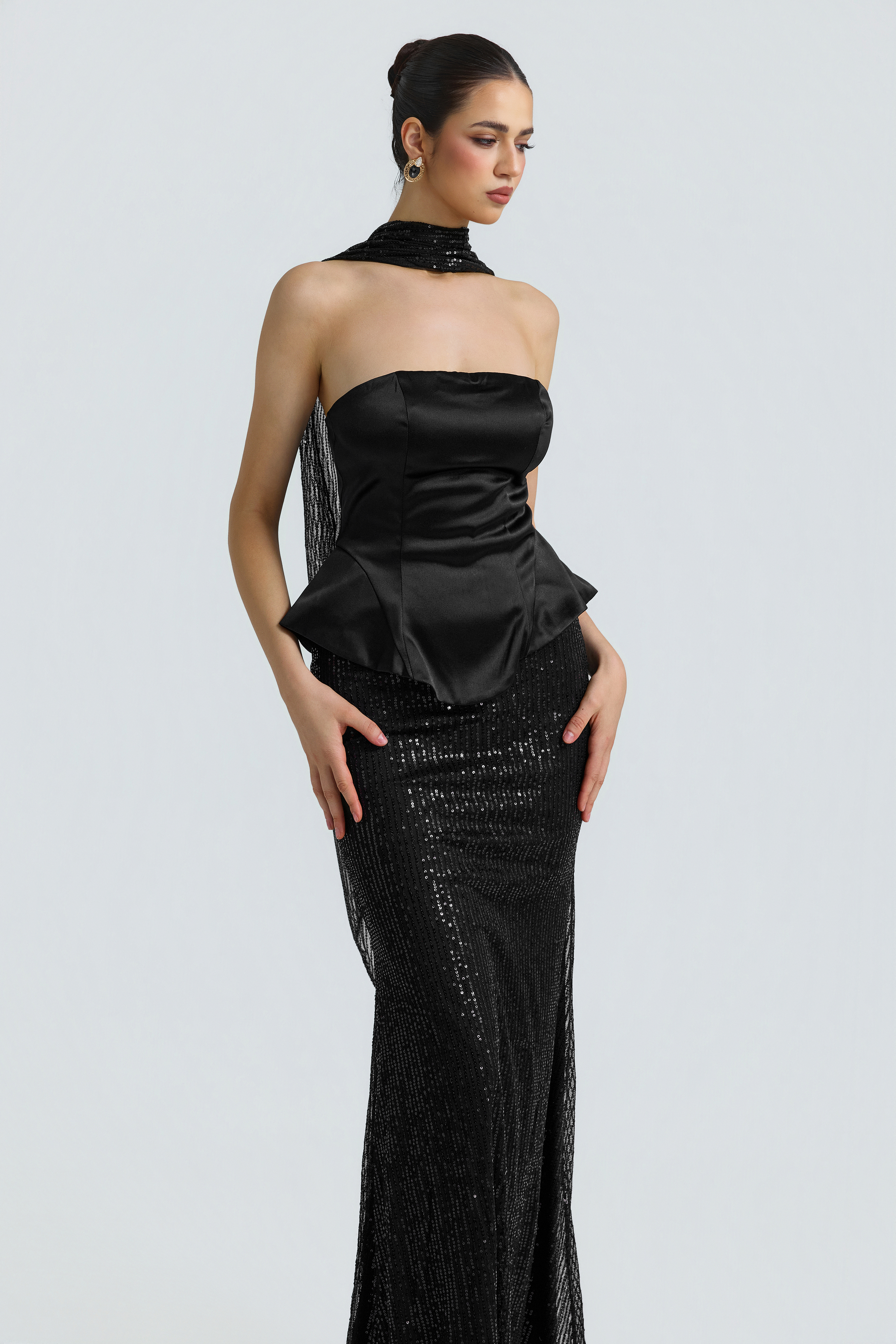 Satin Splicing Sequin Off-Shoulder Maxi Dress