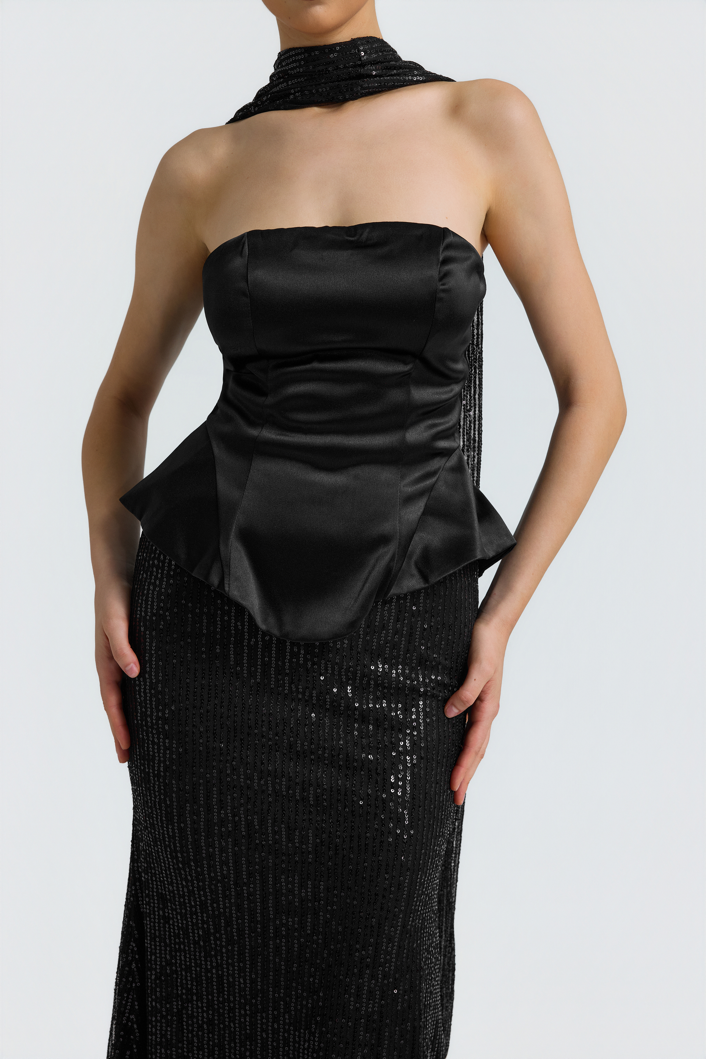 Satin Splicing Sequin Off-Shoulder Maxi Dress